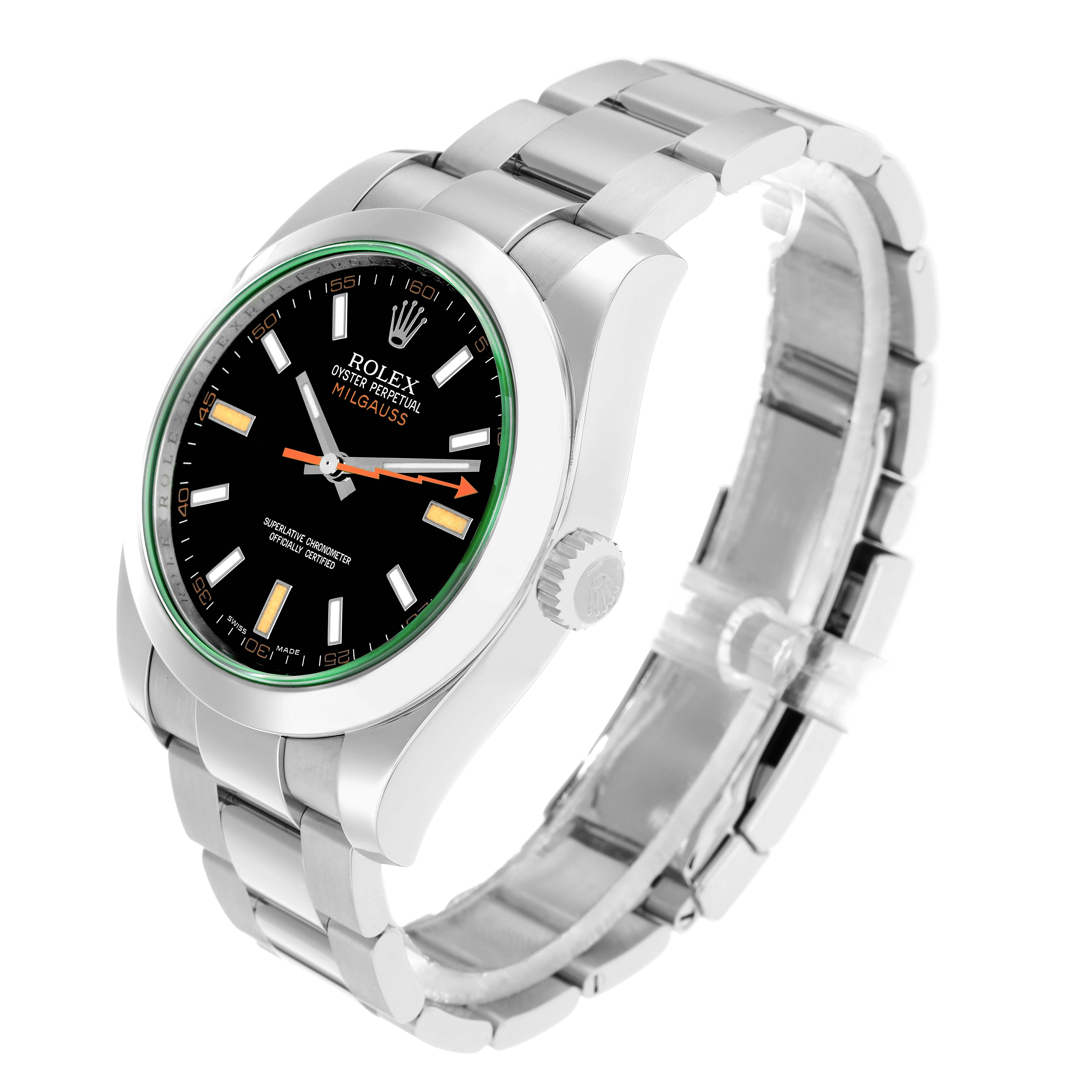 The Rolex Milgauss 116400 Men
s Stainless Steel Black Dial watch is shown at a three-quarter angle, highlighting the face, case, bracelet, and crown.