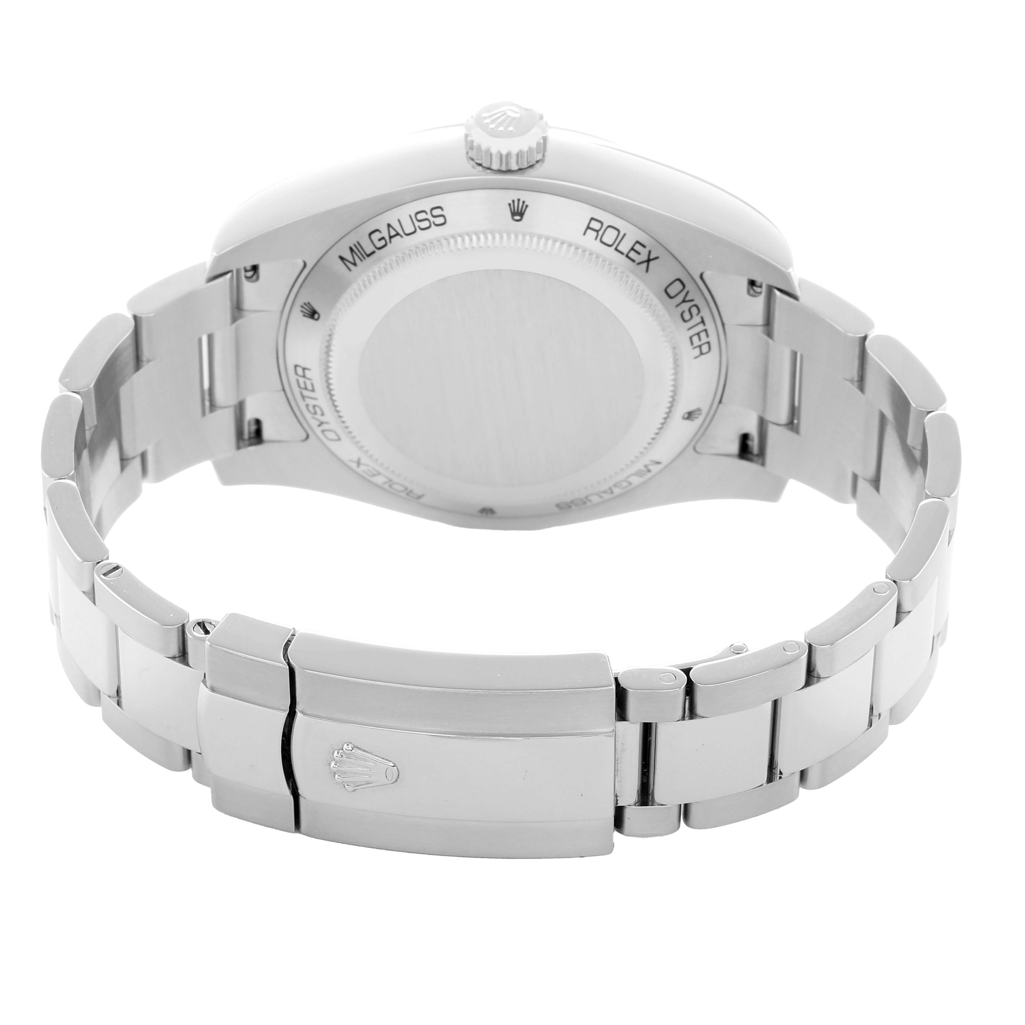 The image shows the back and bracelet of a Rolex Milgauss 116400 Men
s Stainless Steel Black Dial, focusing on the caseback and clasp.