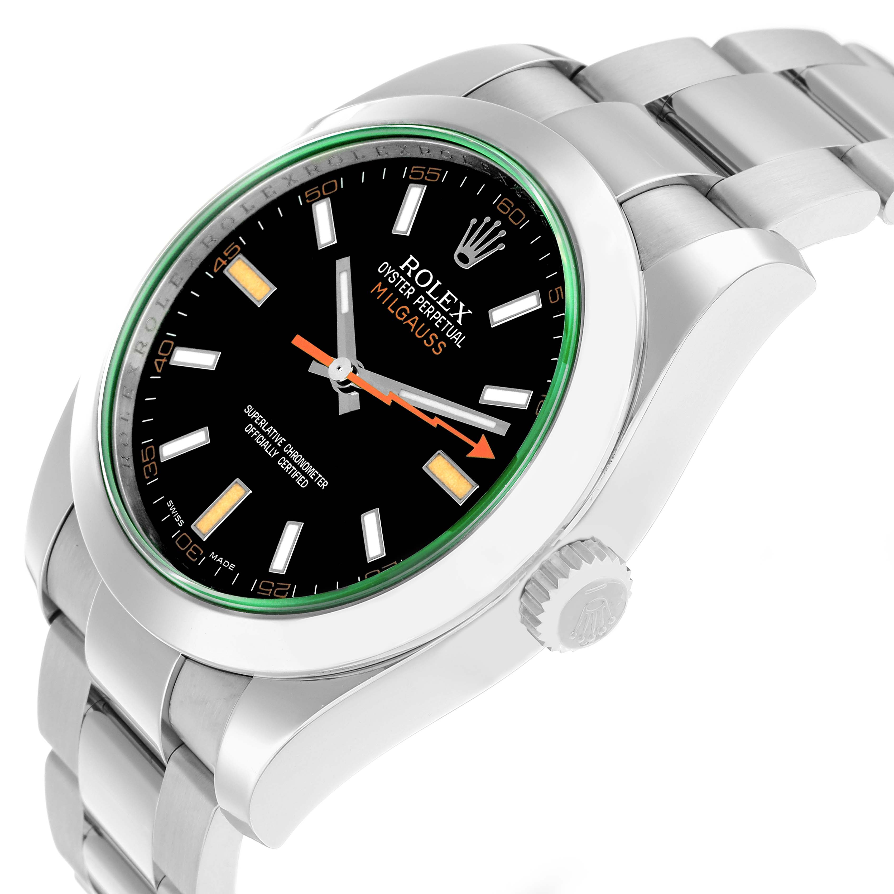 The Rolex Milgauss 116400 Men
s Stainless Steel Black Dial is shown at an angled side view, highlighting the face, bezel, and part of the bracelet.