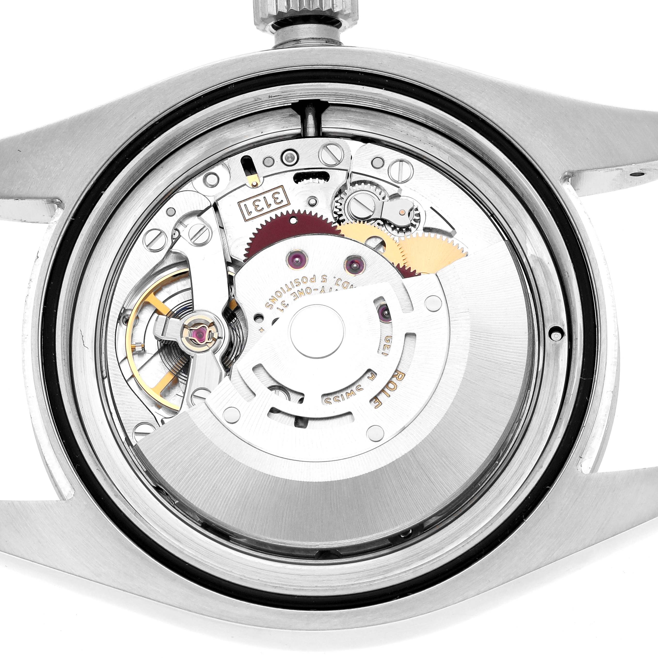 The image shows the back view of a Rolex Milgauss 116400 Men
s Stainless Steel Black Dial watch, displaying its intricate internal movement.