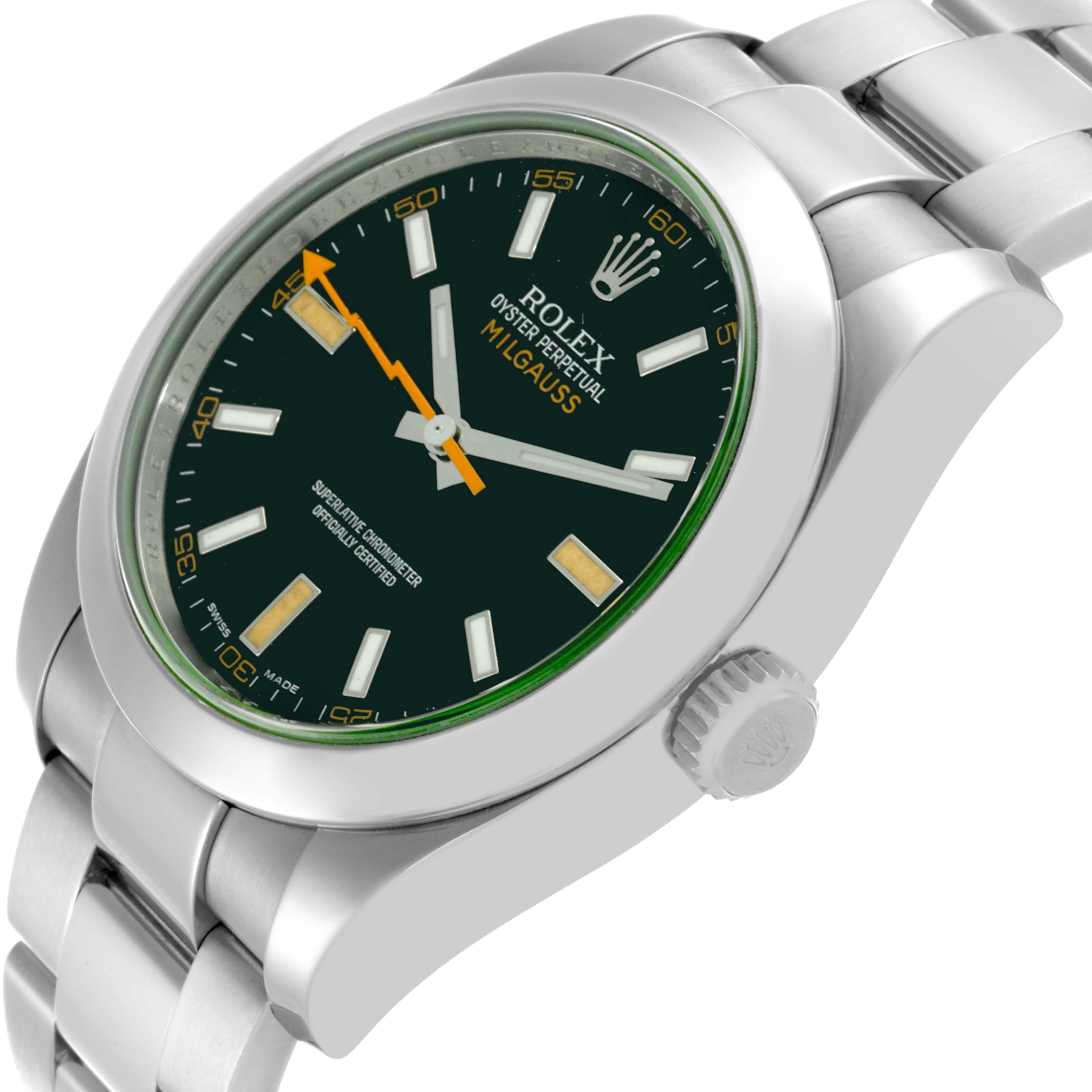 The Rolex Milgauss 116400 Men
s Stainless Steel Black Dial watch is shown at a slight side angle, displaying the green dial, orange lightning-bolt seconds hand, and crown.