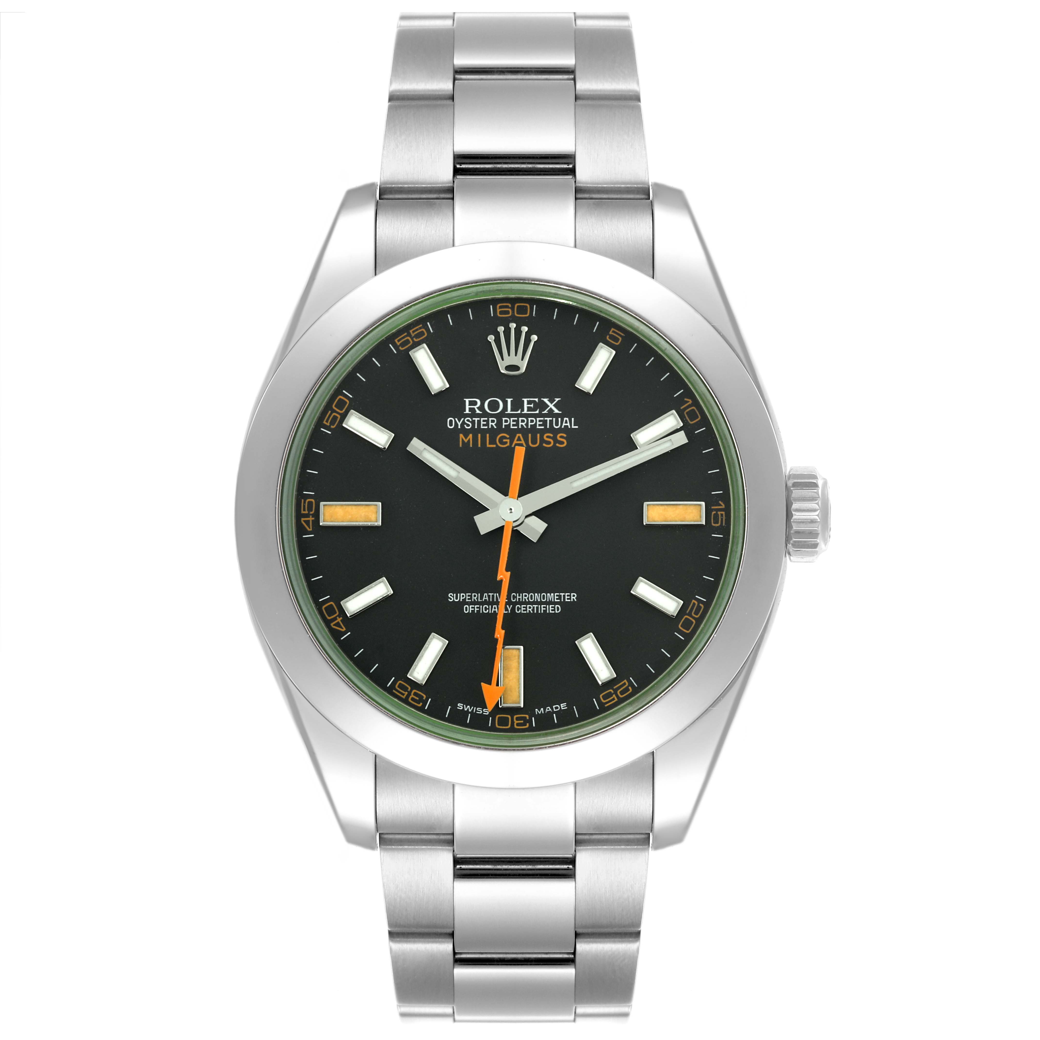 The Rolex Milgauss 116400 Men
s Stainless Steel Black Dial watch is shown from a front angle, displaying the dial, case, and bracelet.