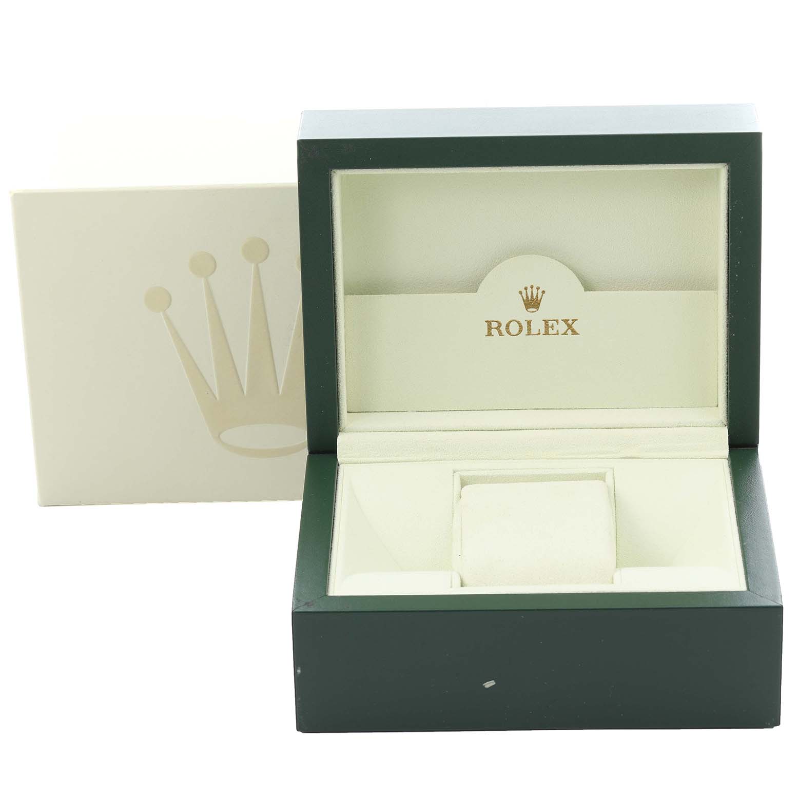 This image shows an open Rolex Milgauss 116400 Men
s Stainless Steel Black Dial watch box, featuring the interior and exterior packaging.