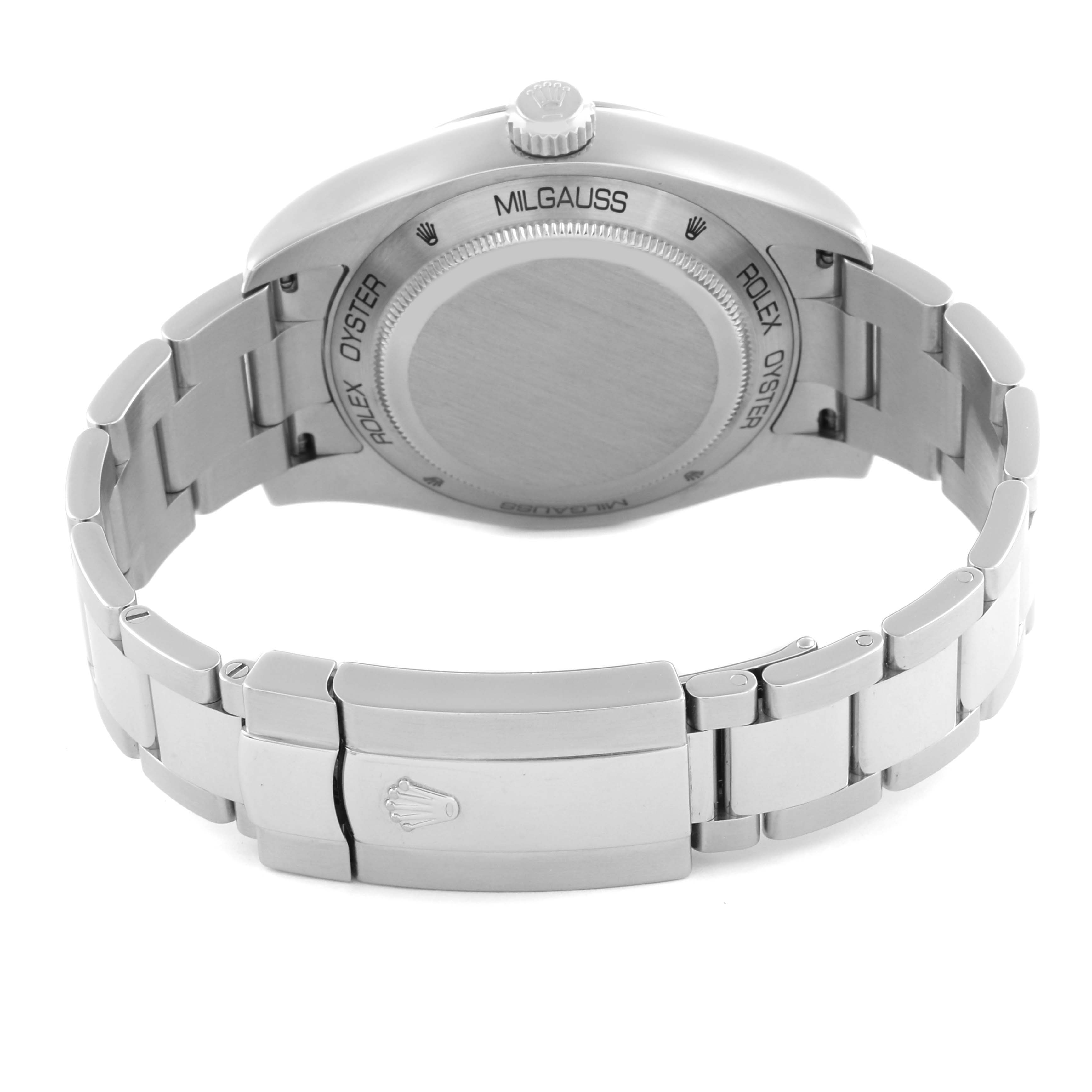 The image shows the back view of a Rolex Milgauss 116400 Men
s Stainless Steel Black Dial watch, displaying the case back and bracelet clasp.