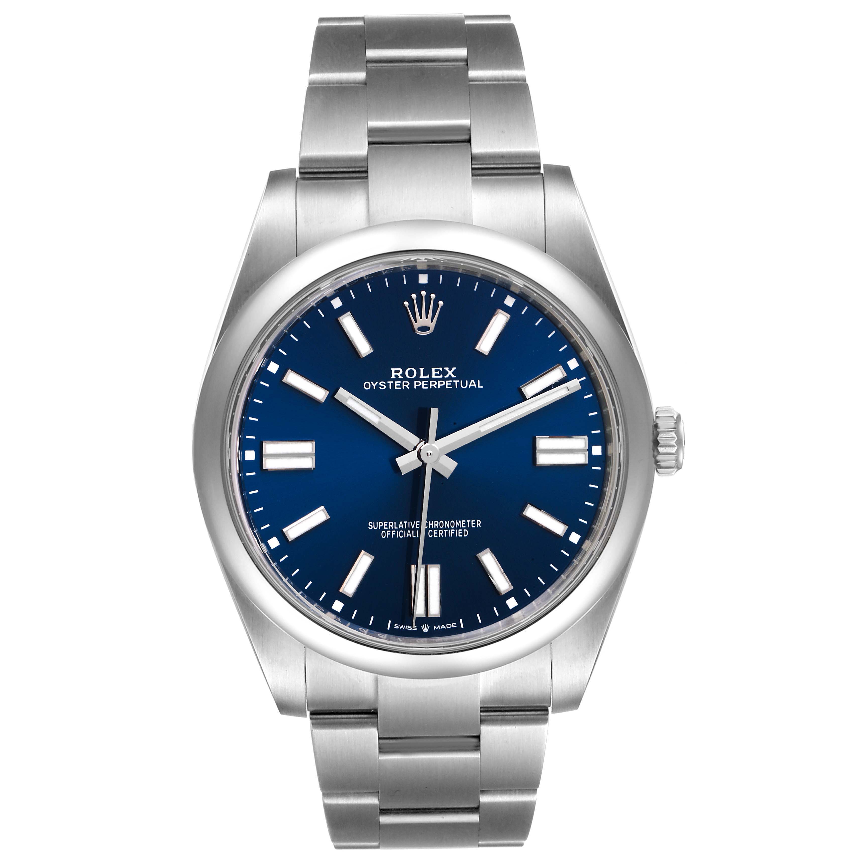The image shows a front view of a Rolex Oyster Perpetual 124300 Men
s Stainless Steel Blue Dial 124300 Men
s Stainless Steel Blue Dial watch, featuring its blue dial and metal bracelet.