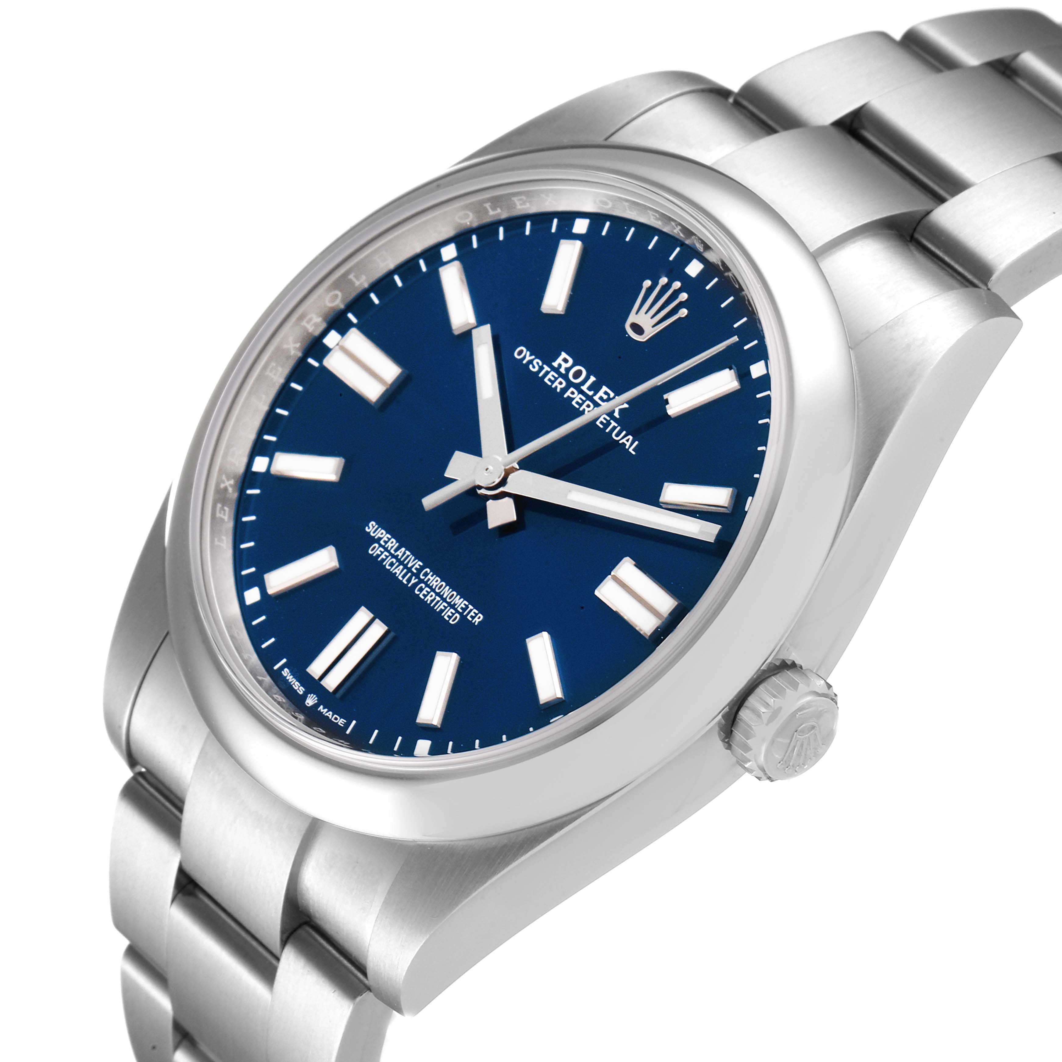 The image shows a Rolex Oyster Perpetual 124300 Men
s Stainless Steel Blue Dial 124300 Men
s Stainless Steel Blue Dial watch at an angle highlighting its blue dial, hour markers, hands, crown, and bracelet.