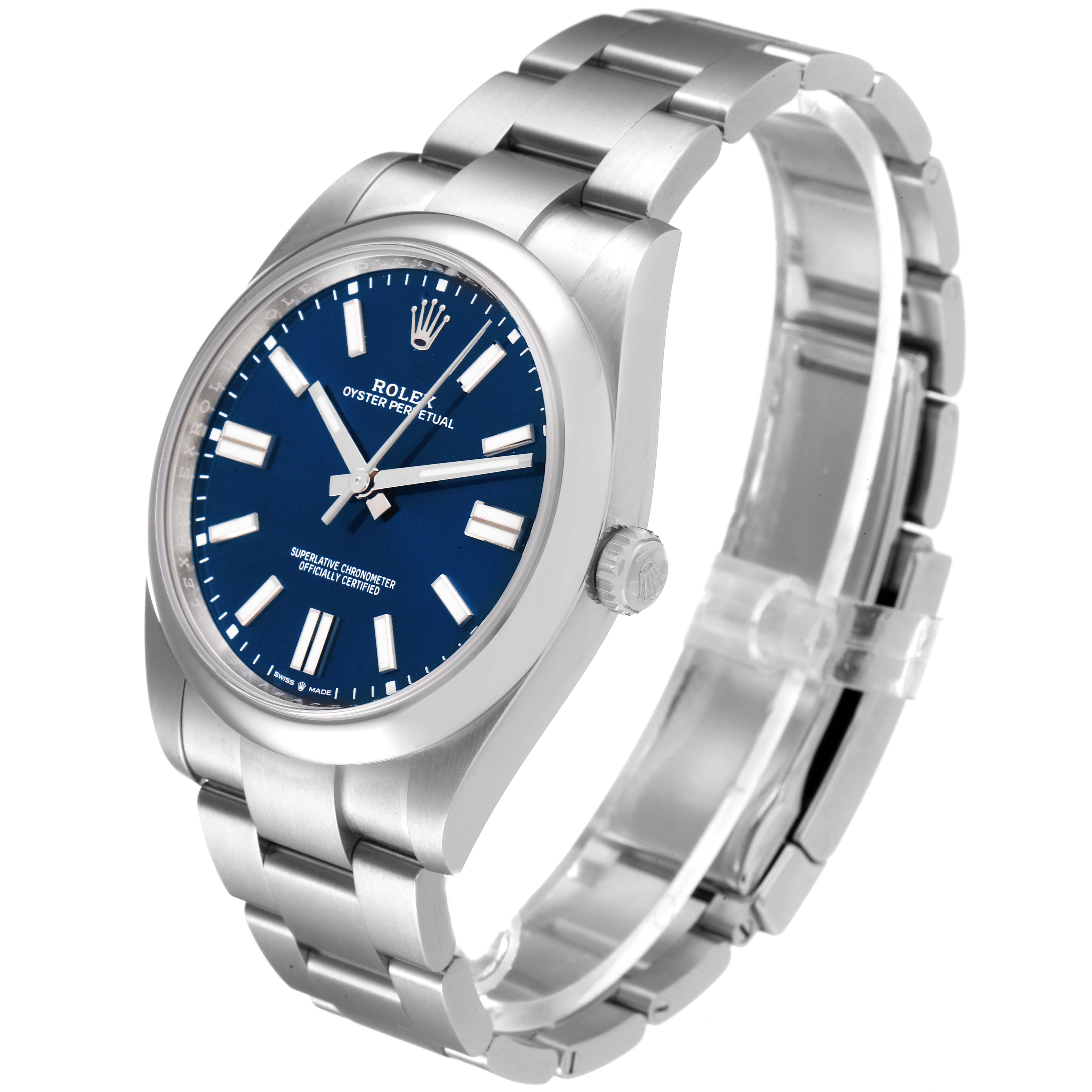 The Rolex Oyster Perpetual 124300 Men
s Stainless Steel Blue Dial 124300 Men
s Stainless Steel Blue Dial watch is shown at an angle revealing the dial, side, and bracelet.
