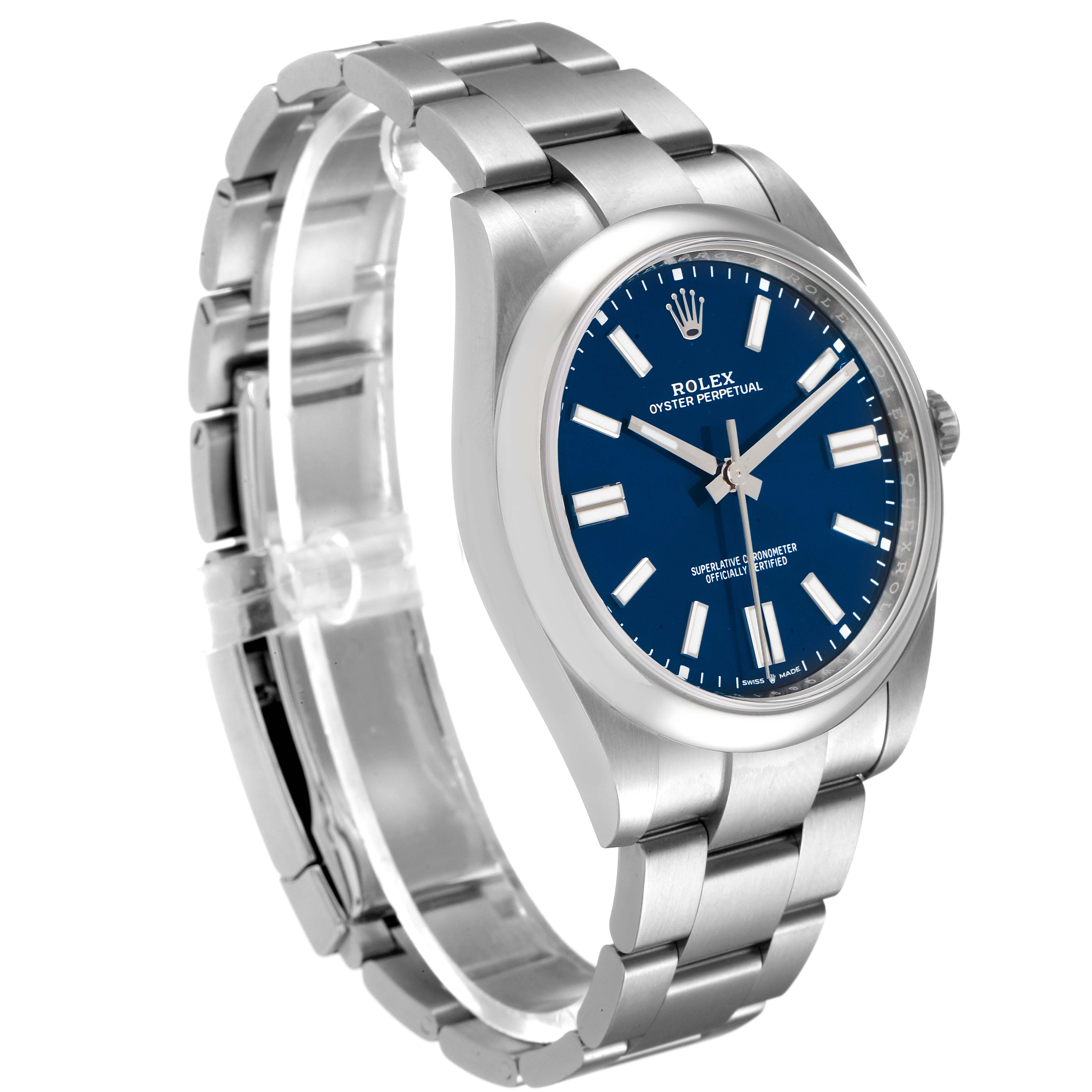 The Rolex Oyster Perpetual 124300 Men
s Stainless Steel Blue Dial 124300 Men
s Stainless Steel Blue Dial watch is shown at an angle showcasing its blue dial, bezel, and stainless steel bracelet.