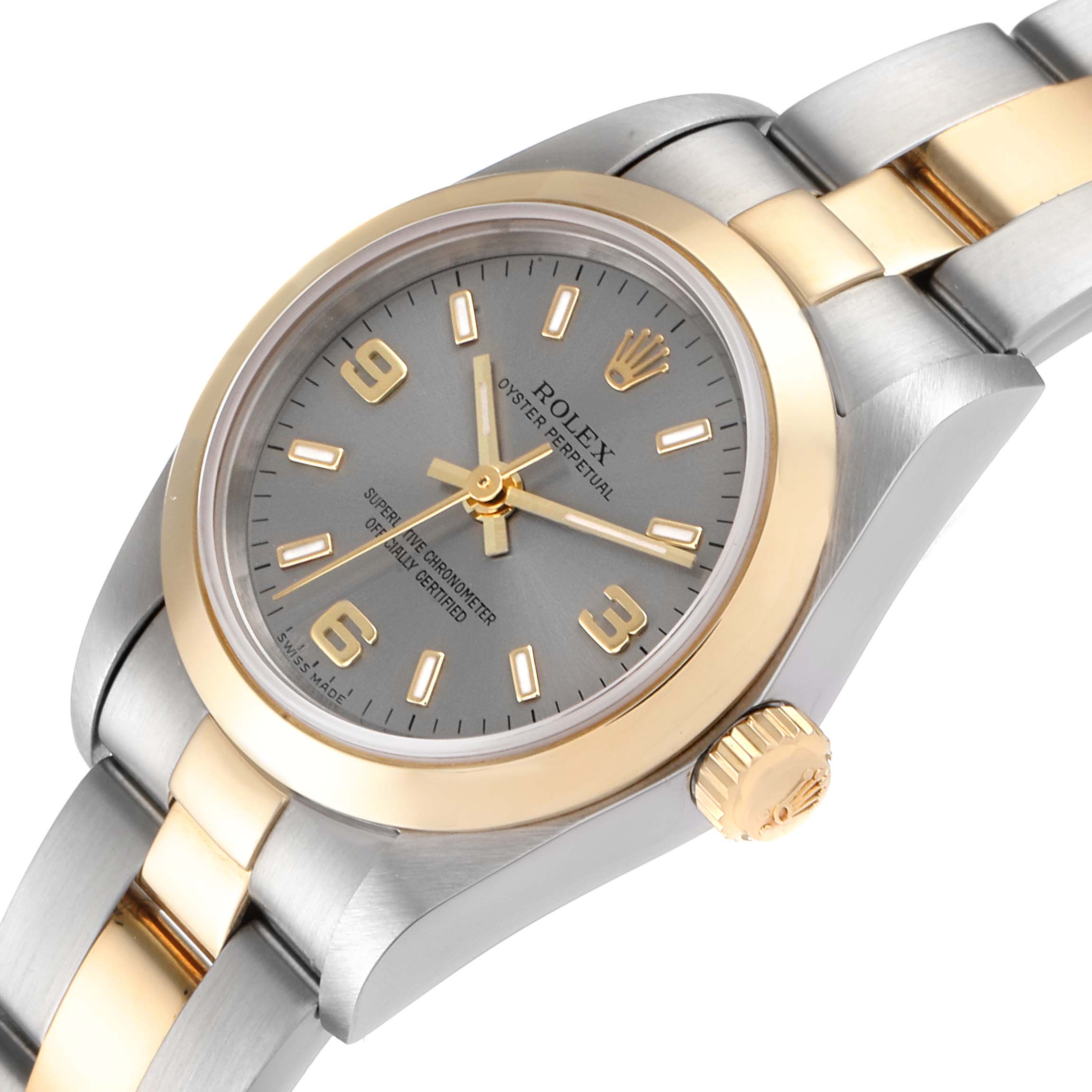 This image shows the Rolex Oyster Perpetual 76183 Women's Steel and Gold (two tone) Grey Dial 76183 Women's Steel and Gold (two tone) Grey Dial watch at an angled view, highlighting the dial, bezel, crown, and part of the bracelet.