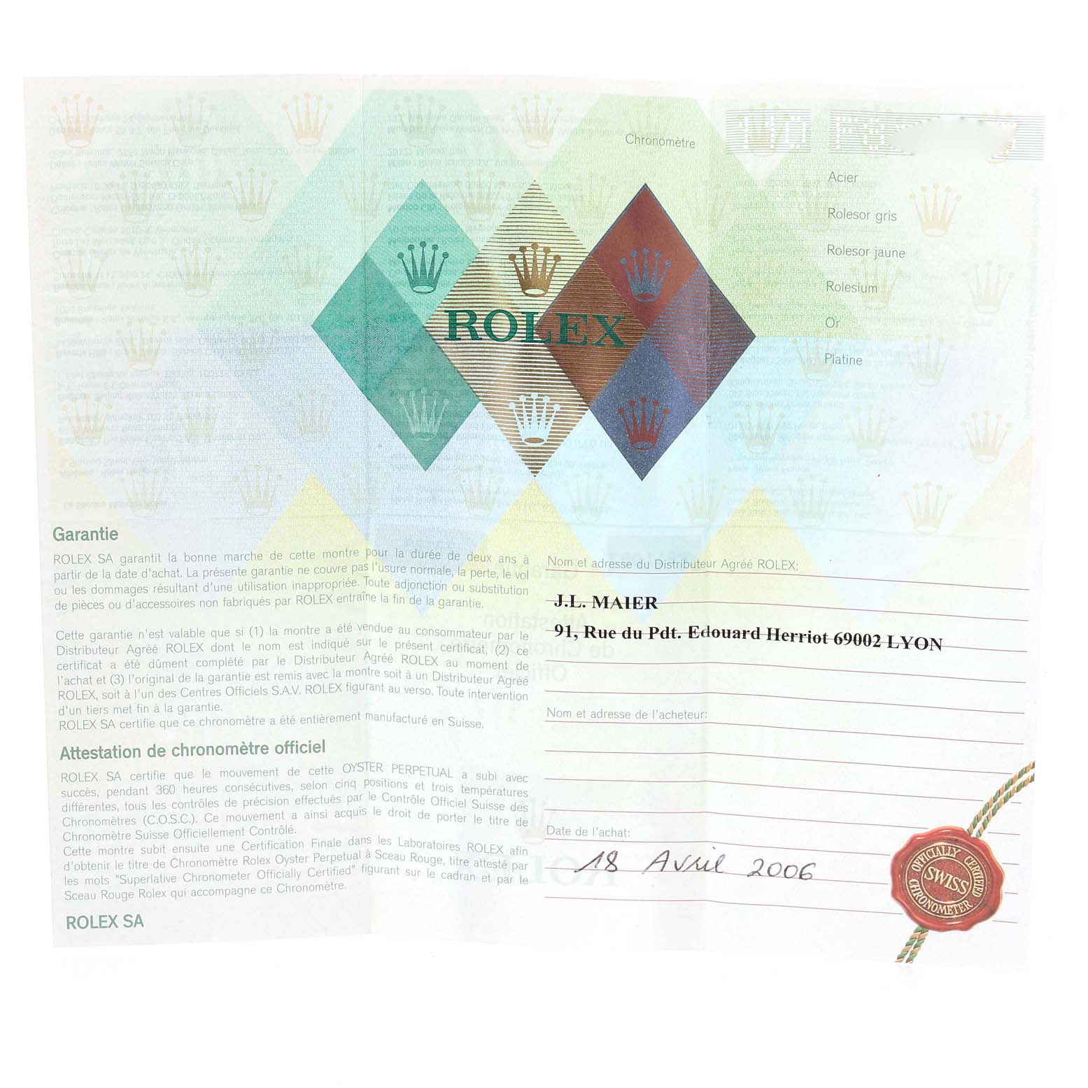 This image shows the guarantee certificate for a Rolex Oyster Perpetual 76183 Women's Steel and Gold (two tone) Grey Dial 76183 Women's Steel and Gold (two tone) Grey Dial watch, including branding and purchase details.