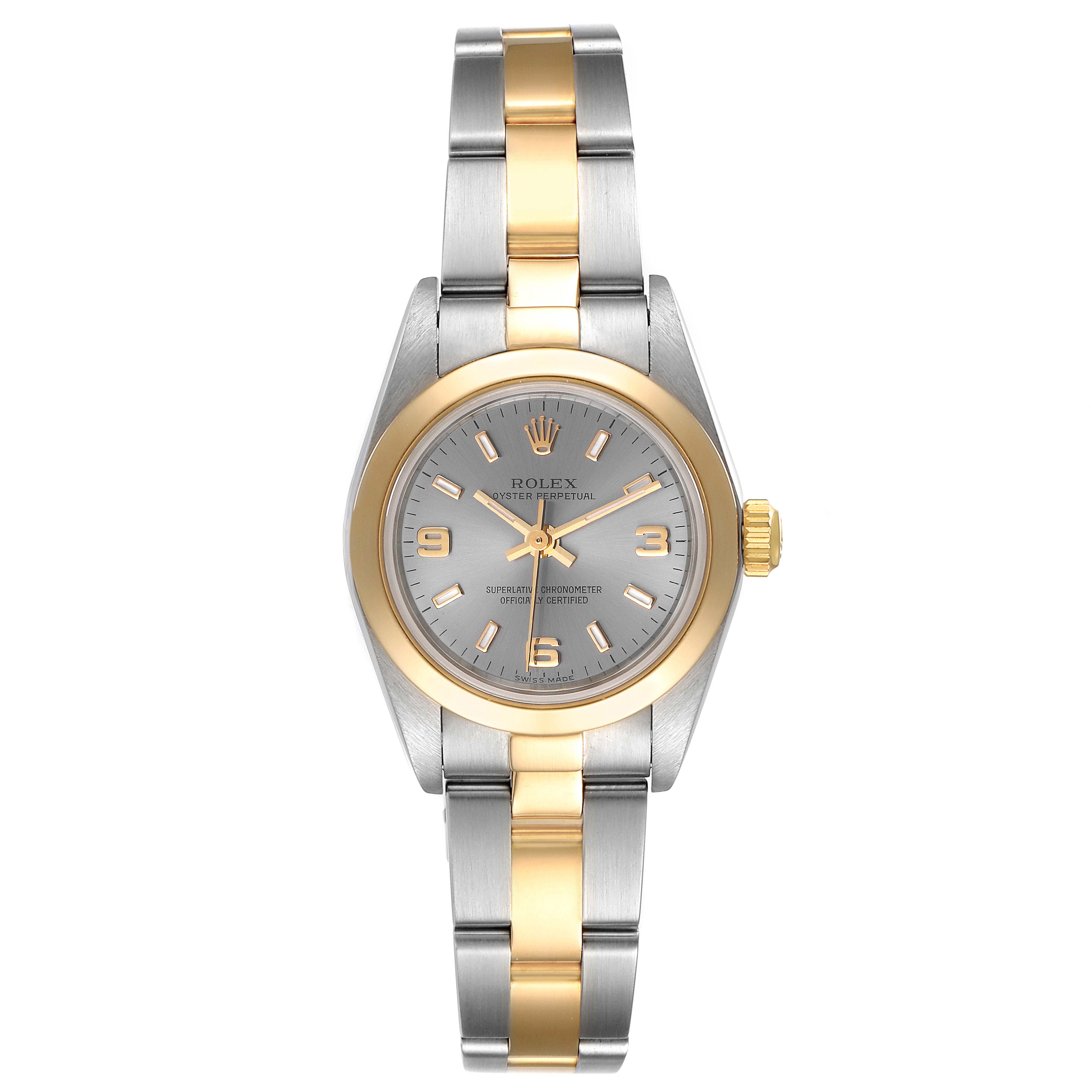 This image shows a front view of a Rolex Oyster Perpetual 76183 Women's Steel and Gold (two tone) Grey Dial 76183 Women's Steel and Gold (two tone) Grey Dial watch, highlighting its silver and gold bracelet, bezel, and dial.