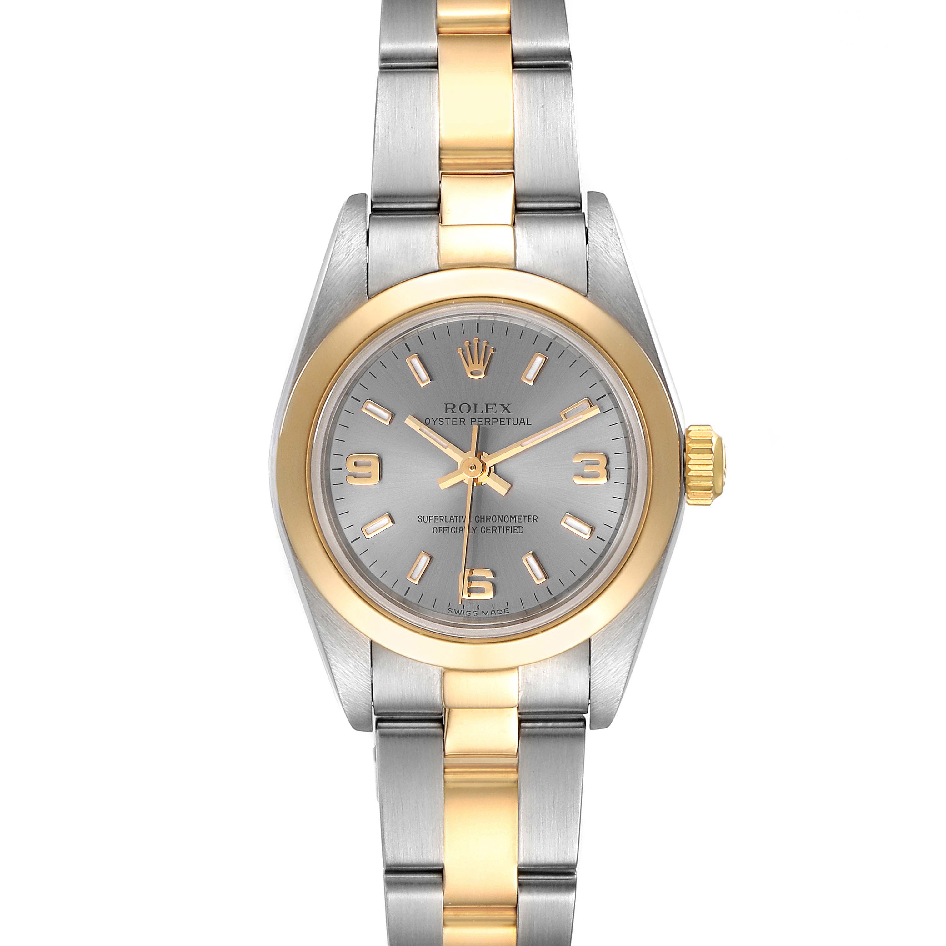 The Rolex Oyster Perpetual 76183 Women's Steel and Gold (two tone) Grey Dial 76183 Women's Steel and Gold (two tone) Grey Dial watch is shown in a front view, displaying its two-tone bracelet, gold bezel, and gray dial.