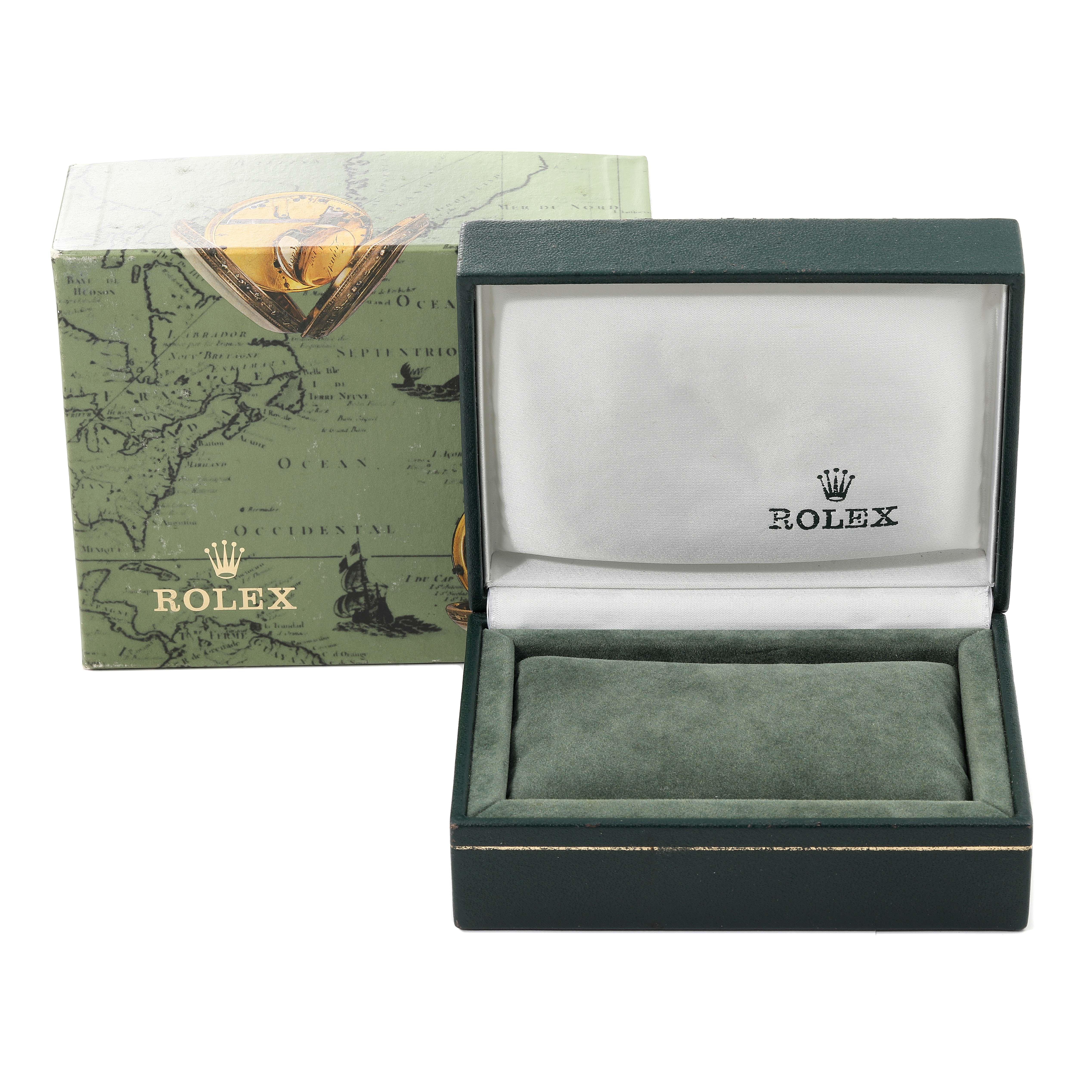 This image shows a Rolex Oyster Perpetual 76094 Women
s Stainless Steel Silver Dial 76094 Women
s Stainless Steel Silver Dial box, featuring the outer cardboard box and the inner presentation case.