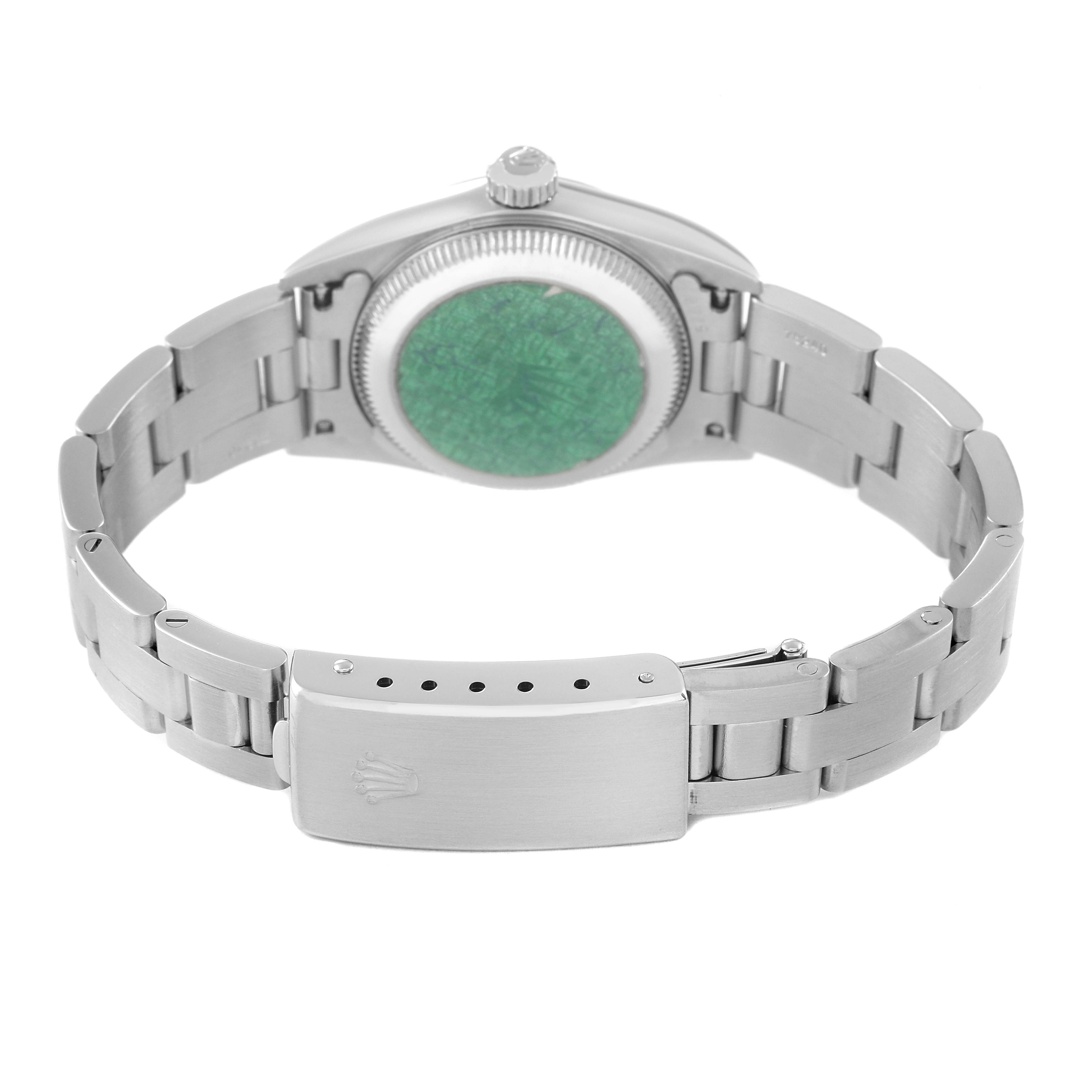 This image shows the back view of a Rolex Oyster Perpetual 76094 Women
s Stainless Steel Silver Dial 76094 Women
s Stainless Steel Silver Dial watch, highlighting its bracelet and clasp.