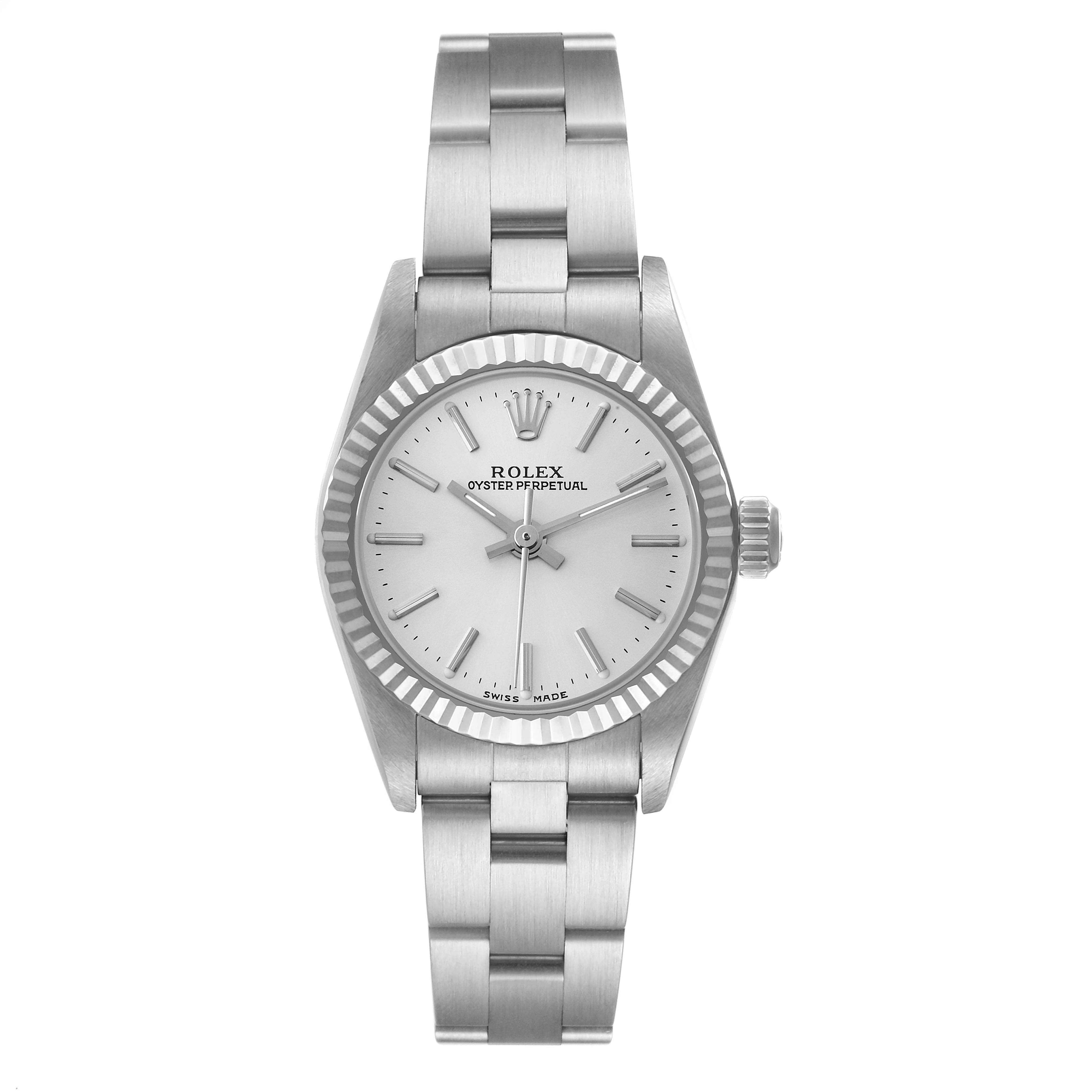 This image shows a front view of the Rolex Oyster Perpetual 76094 Women
s Stainless Steel Silver Dial 76094 Women
s Stainless Steel Silver Dial watch, displaying the dial, bezel, crown, and bracelet.