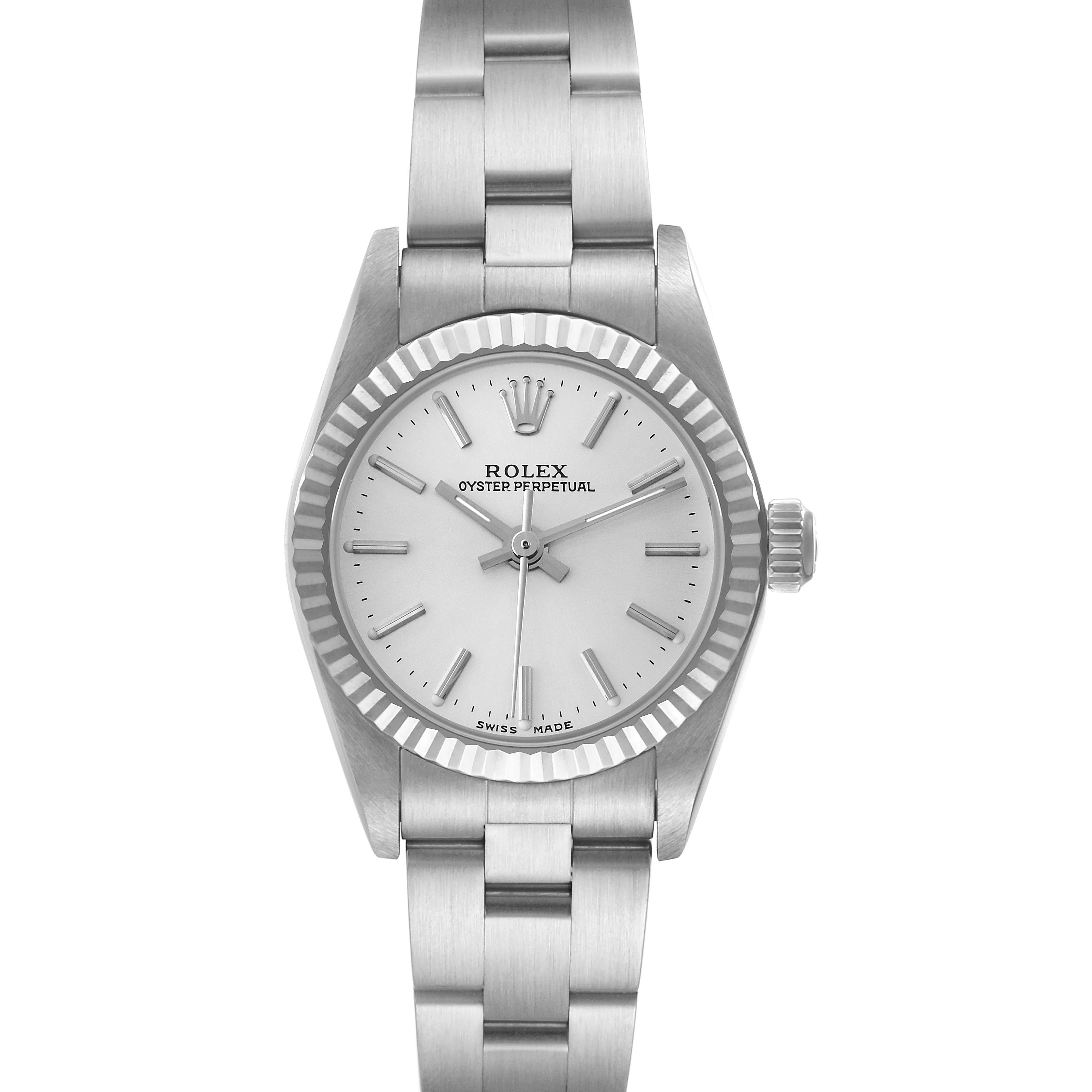 This image shows a front view of a Rolex Oyster Perpetual 76094 Women
s Stainless Steel Silver Dial 76094 Women
s Stainless Steel Silver Dial watch, highlighting its face, bezel, and silver bracelet.