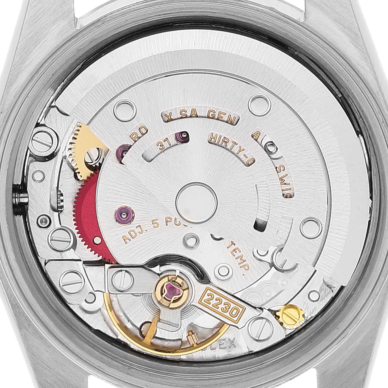 This is an image of the movement mechanism of a Rolex Oyster Perpetual 76094 Women
s Stainless Steel Silver Dial 76094 Women
s Stainless Steel Silver Dial watch, shown from the back.