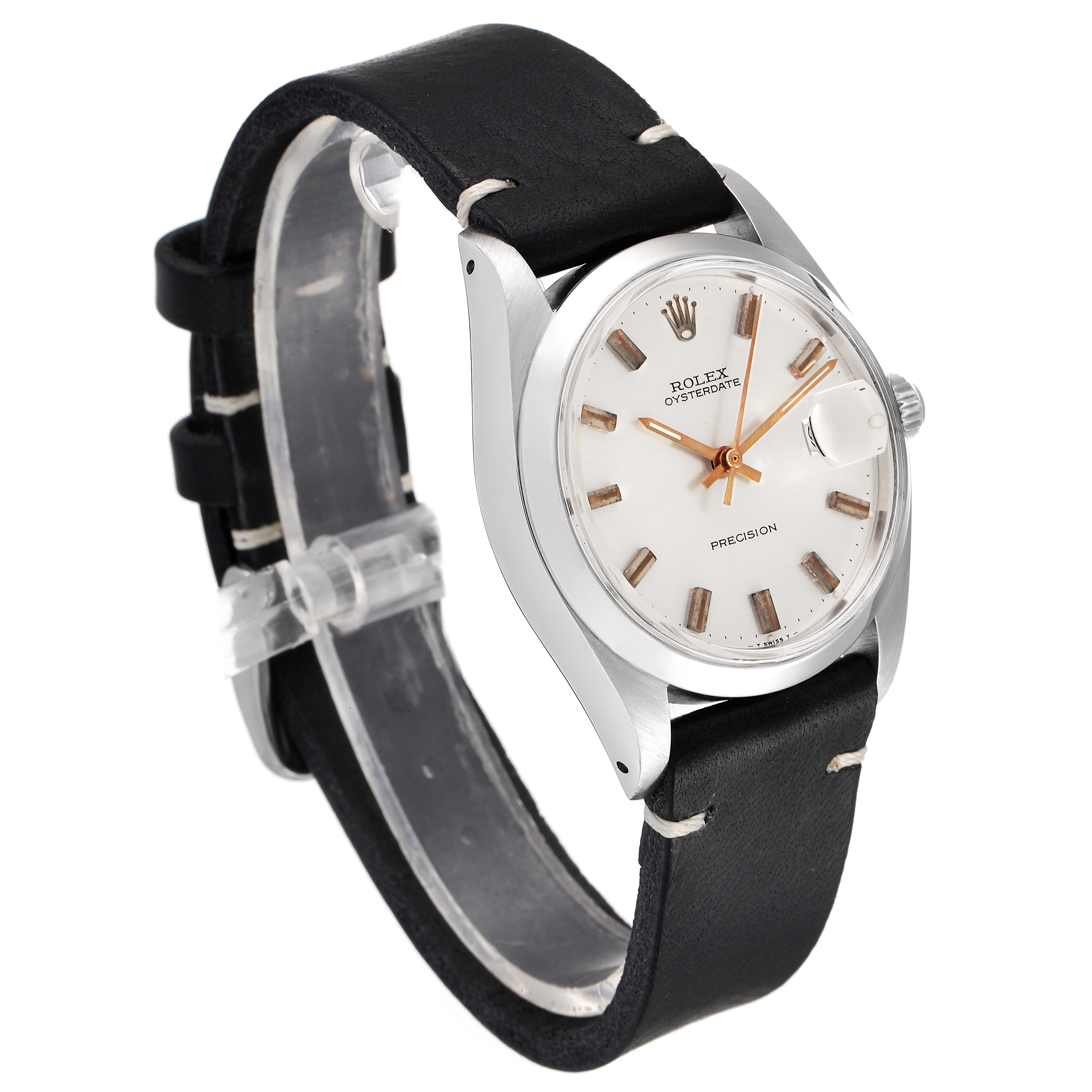 This image shows a side angle of a Rolex Vintage Collection 6694 Men's Stainless Steel Silver Dial 6694 Men's Stainless Steel Silver Dial watch, highlighting the dial, hands, and leather strap.