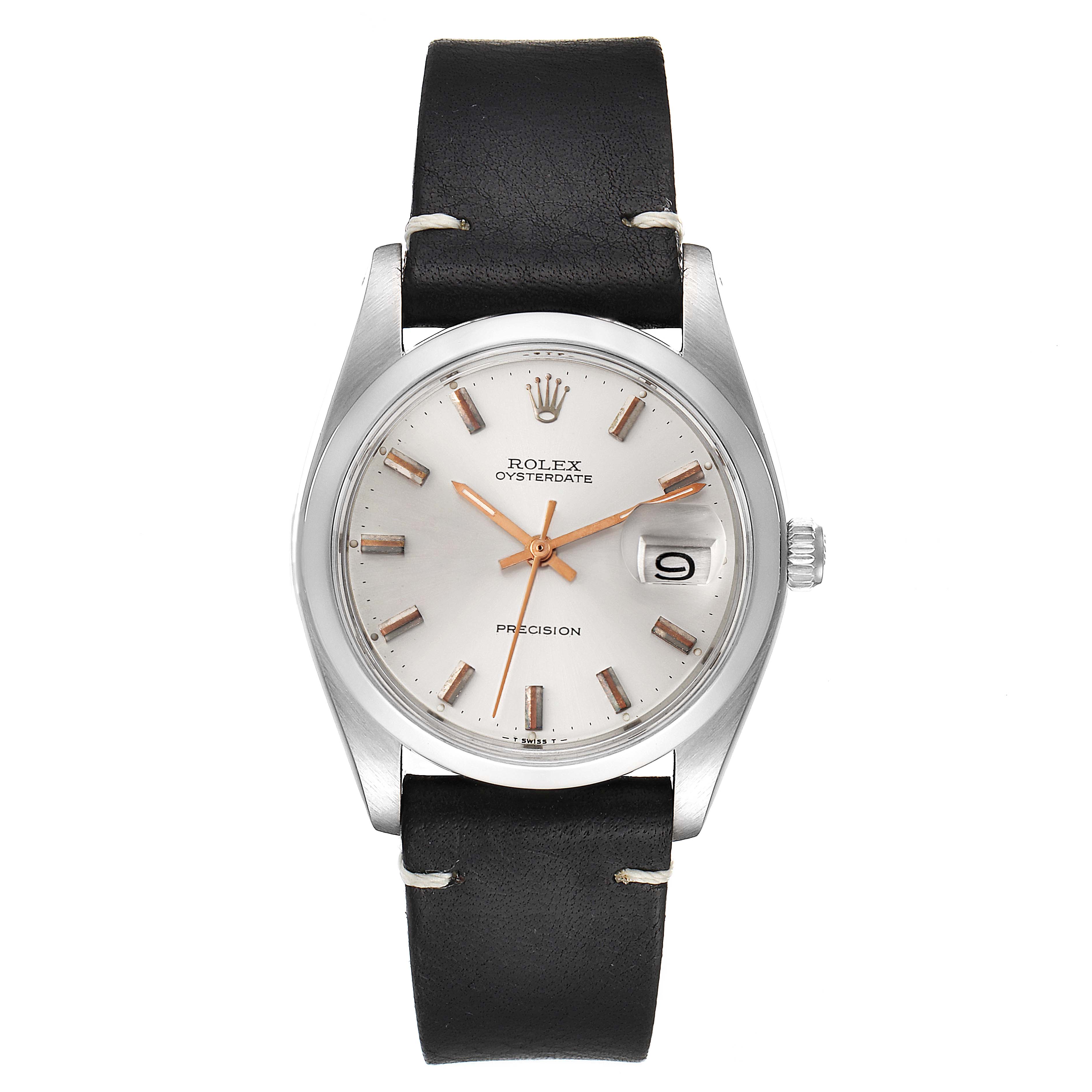 The image shows a front view of a Rolex Vintage Collection 6694 Men's Stainless Steel Silver Dial 6694 Men's Stainless Steel Silver Dial Oysterdate watch, featuring its dial, hands, date window, and black leather strap.