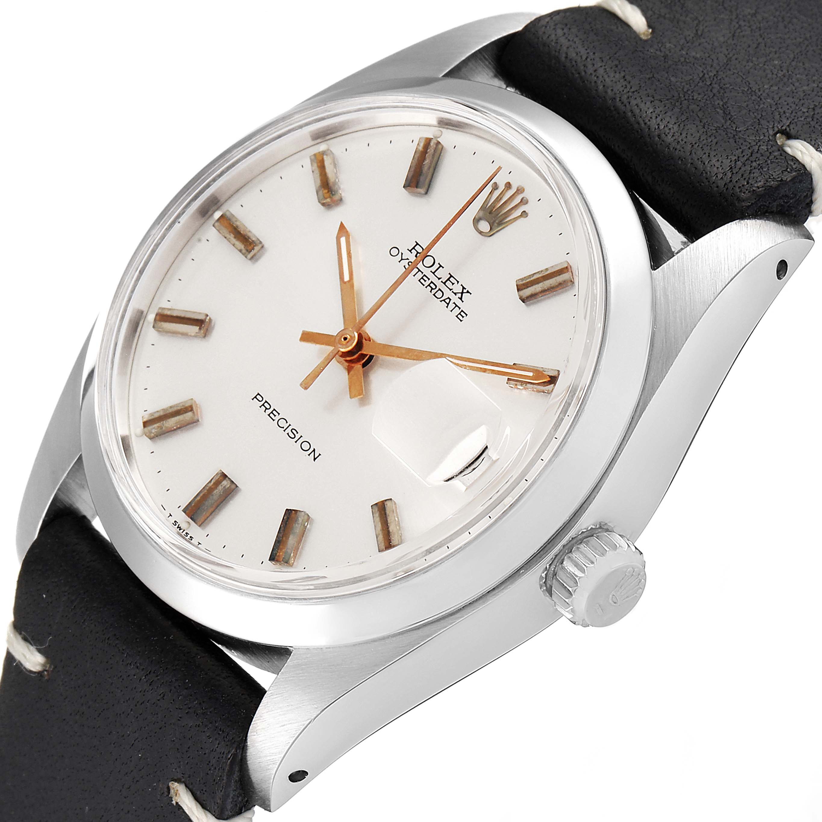 The Rolex Vintage Collection 6694 Men's Stainless Steel Silver Dial 6694 Men's Stainless Steel Silver Dial watch is shown at a slight angle showcasing its dial, crown, and leather strap.
