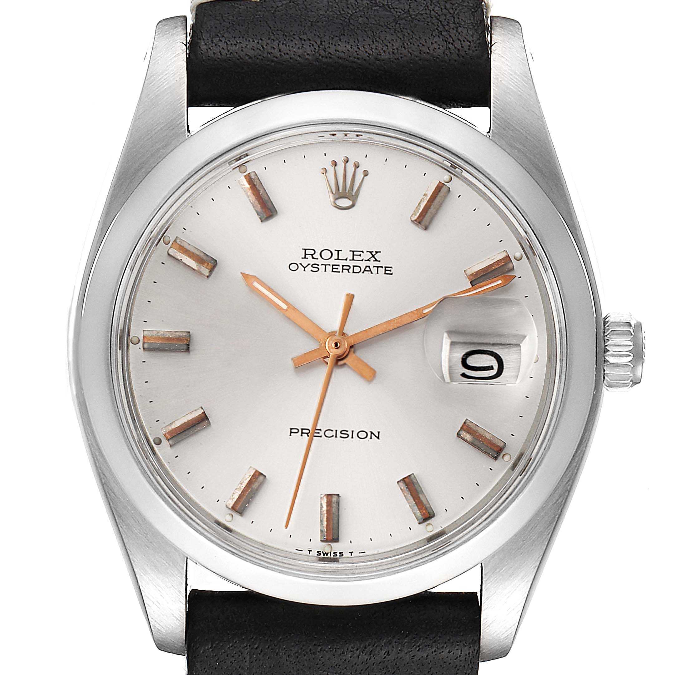 This image shows a front view of the Vintage Collection Rolex Oysterdate Precision watch, including the face, hands, and date indicator.