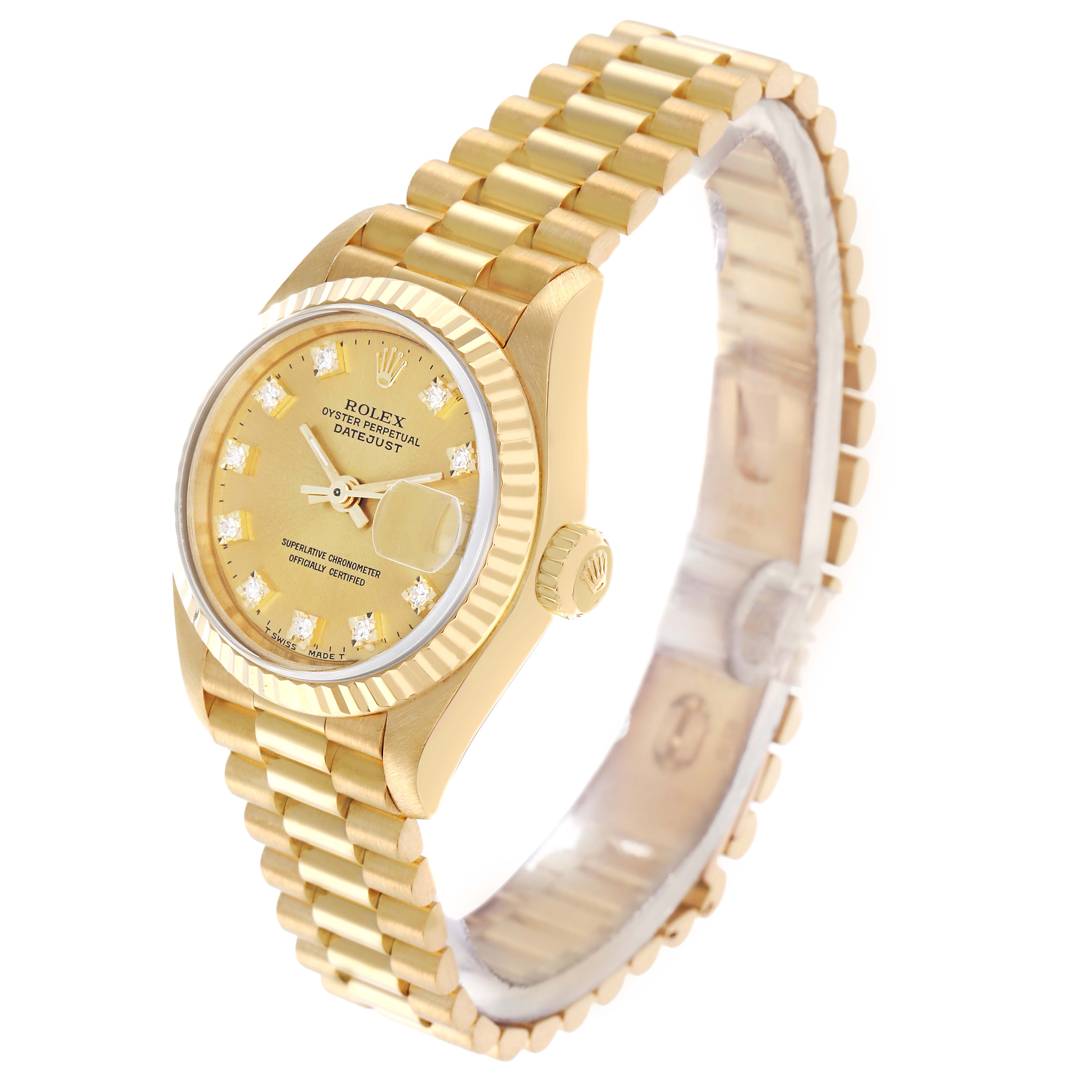The Rolex President 69178 Women
s Yellow Gold Champagne Dial model is shown at a three-quarter angle highlighting the face, bezel, crown, and bracelet.