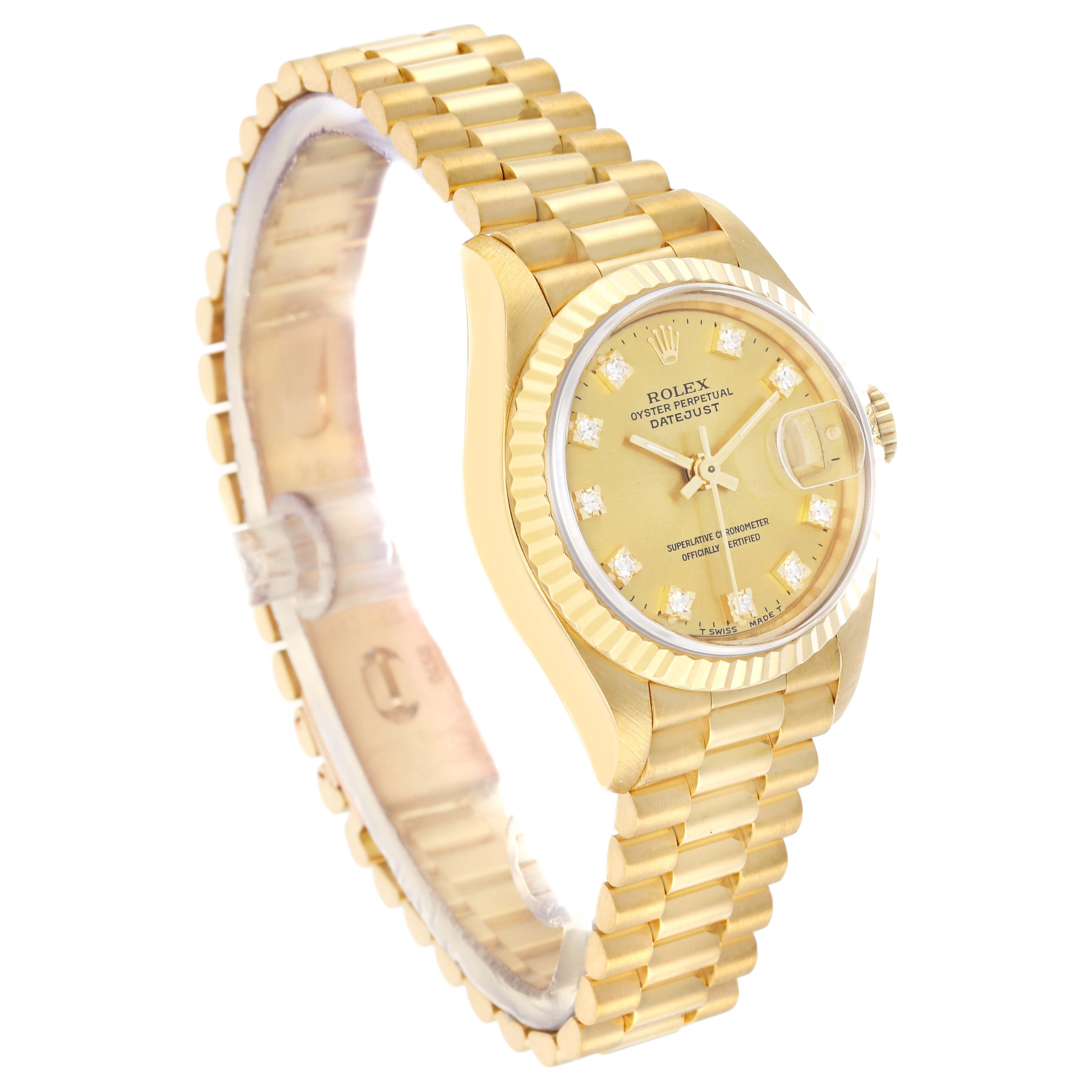 The Rolex President 69178 Women
s Yellow Gold Champagne Dial model is shown at a three-quarter angle, displaying the gold band, bezel, and diamond hour markers.