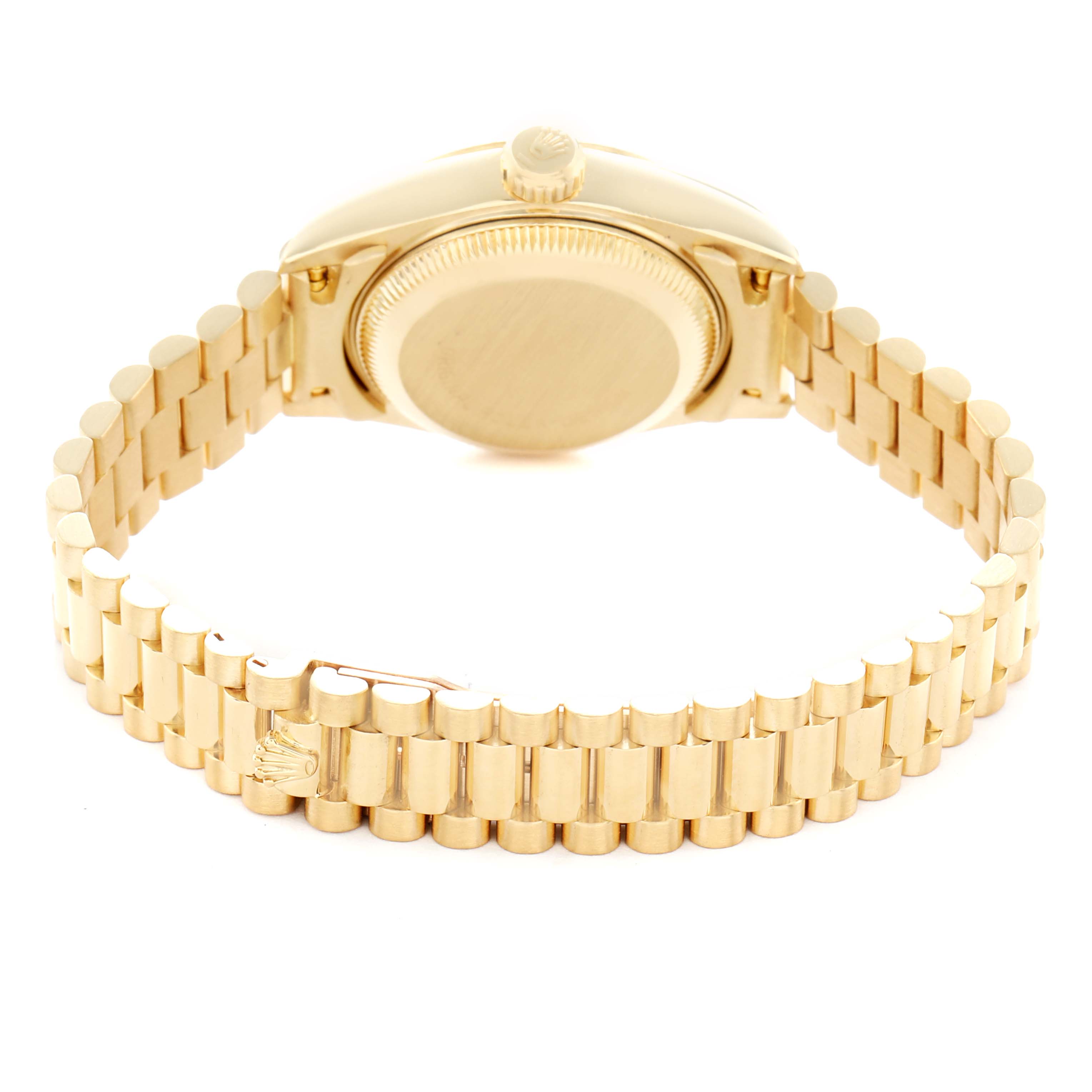 This Rolex President 69178 Women
s Yellow Gold Champagne Dial model shows the back of the case and bracelet from a rear angle.