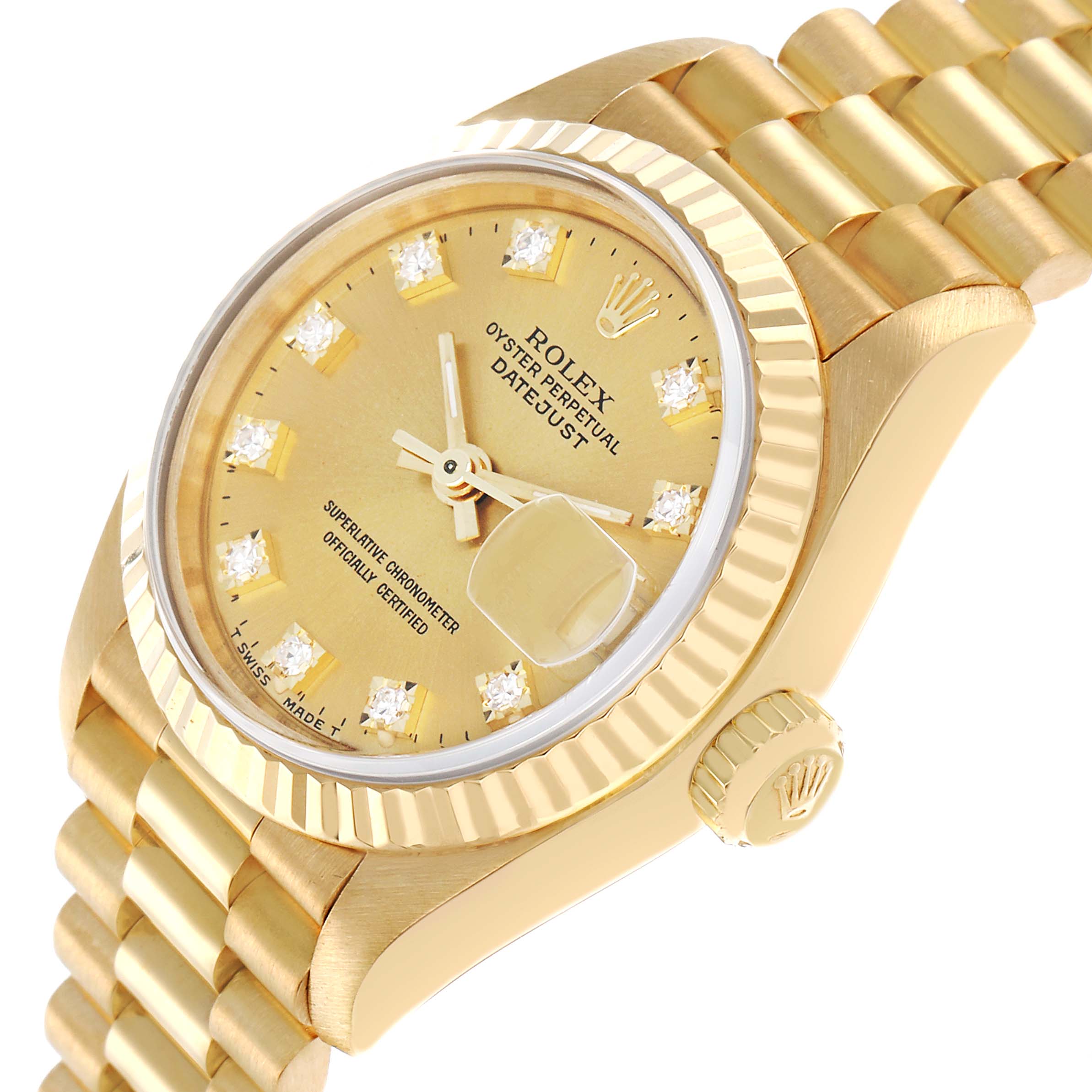 The Rolex President 69178 Women
s Yellow Gold Champagne Dial model watch is shown at an angled close-up, highlighting its gold case, dial, and bracelet.