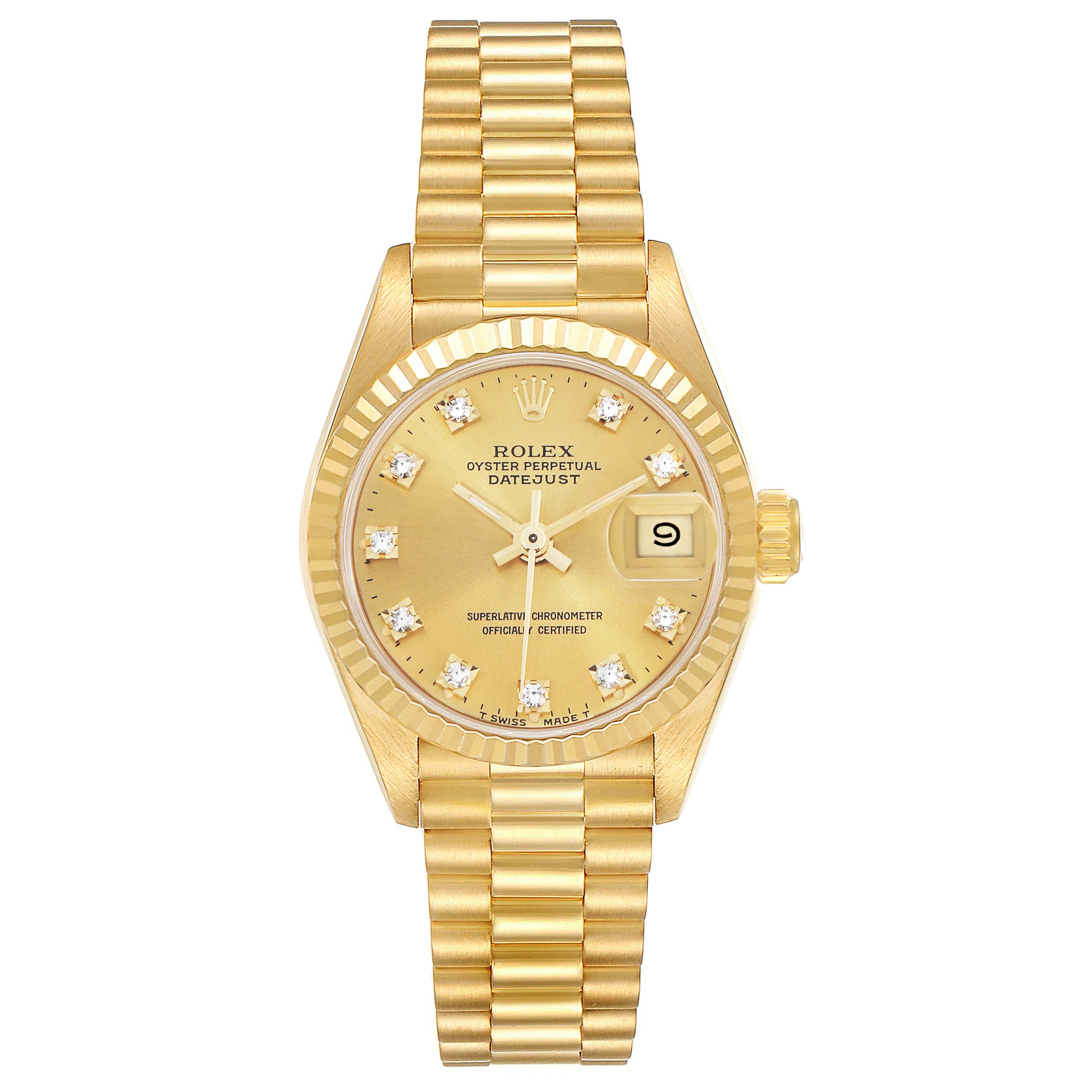 The Rolex President 69178 Women
s Yellow Gold Champagne Dial model is shown from a front angle, displaying the dial, fluted bezel, date window, and bracelet.