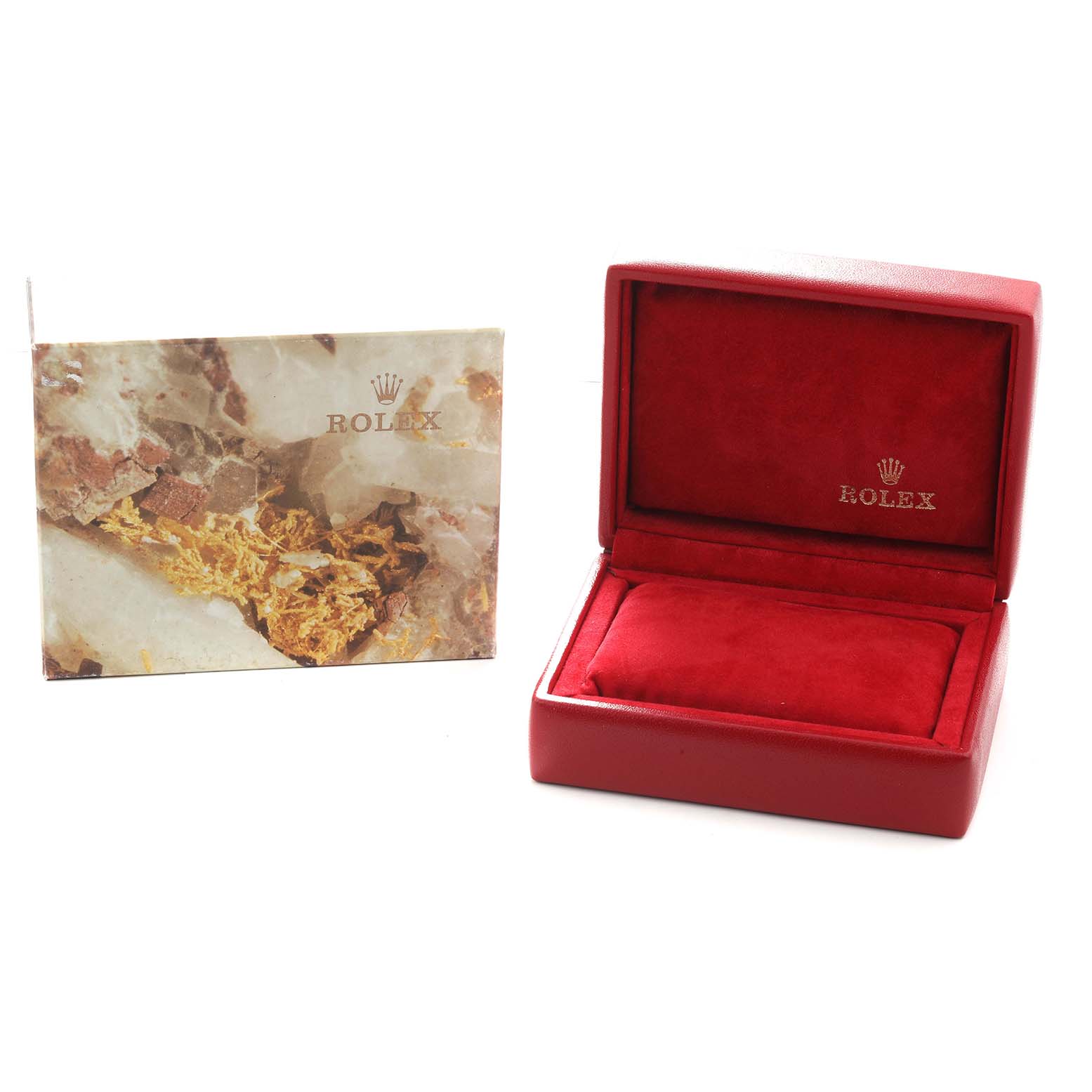 The image shows a Rolex President 69178 Women
s Yellow Gold Champagne Dial model watch box open, revealing a red interior, accompanied by a Rolex booklet on the side.