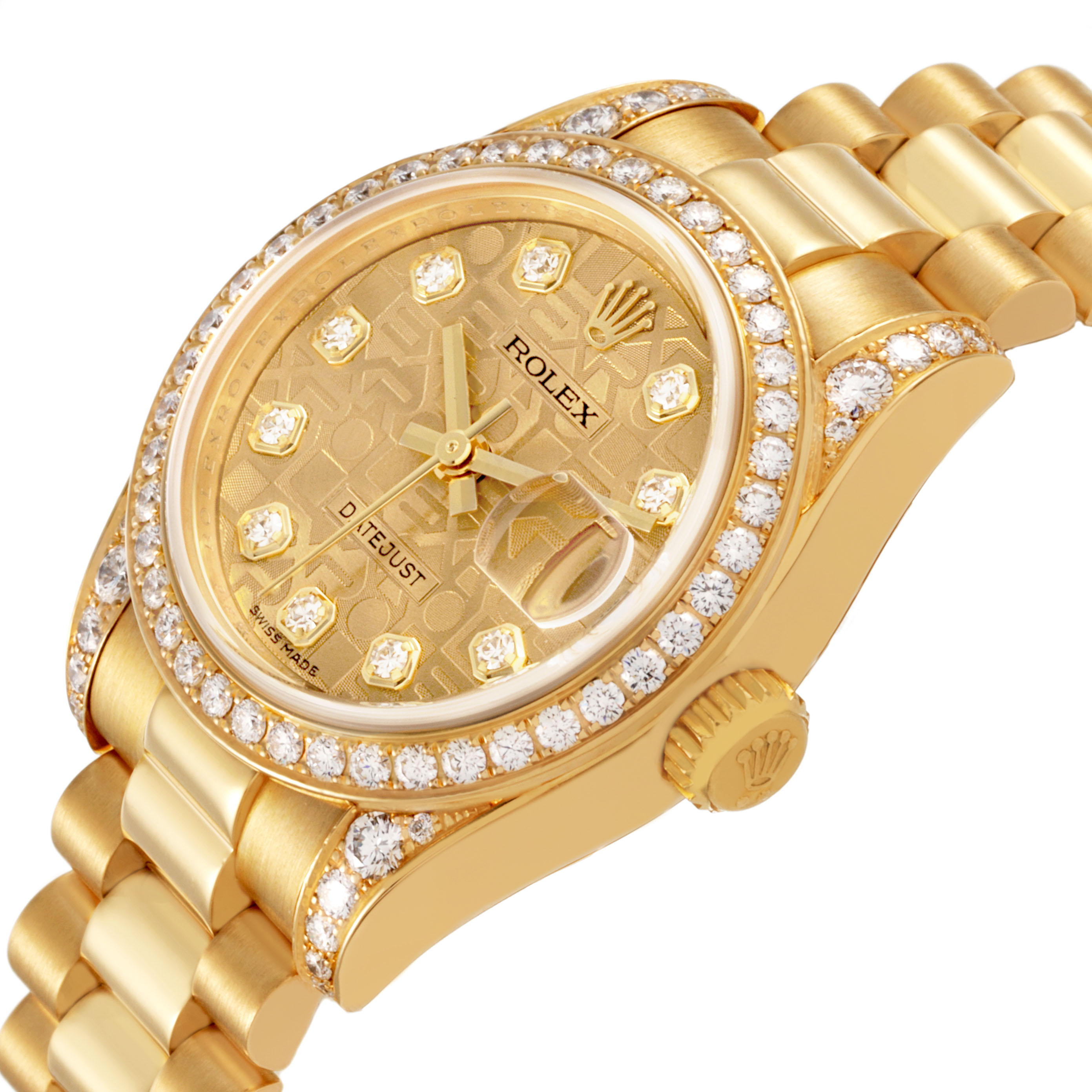 The Rolex President 179158 Women's Yellow Gold Champagne Dial model watch is shown at an angled view, highlighting the diamond bezel, gold bracelet, and dial details.