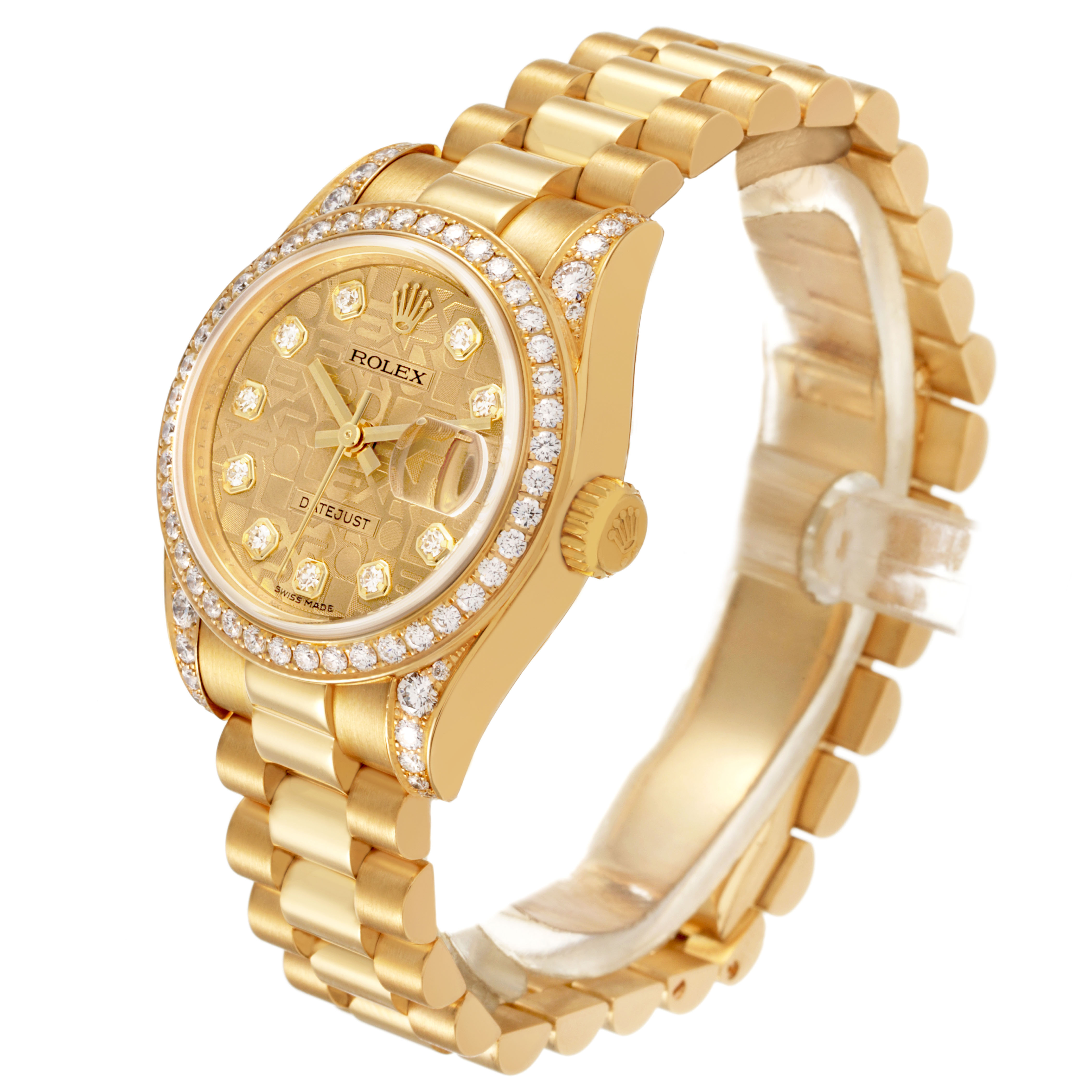 The Rolex President 179158 Women's Yellow Gold Champagne Dial model is shown at a three-quarter angle, featuring the dial, bezel, crown, and bracelet.