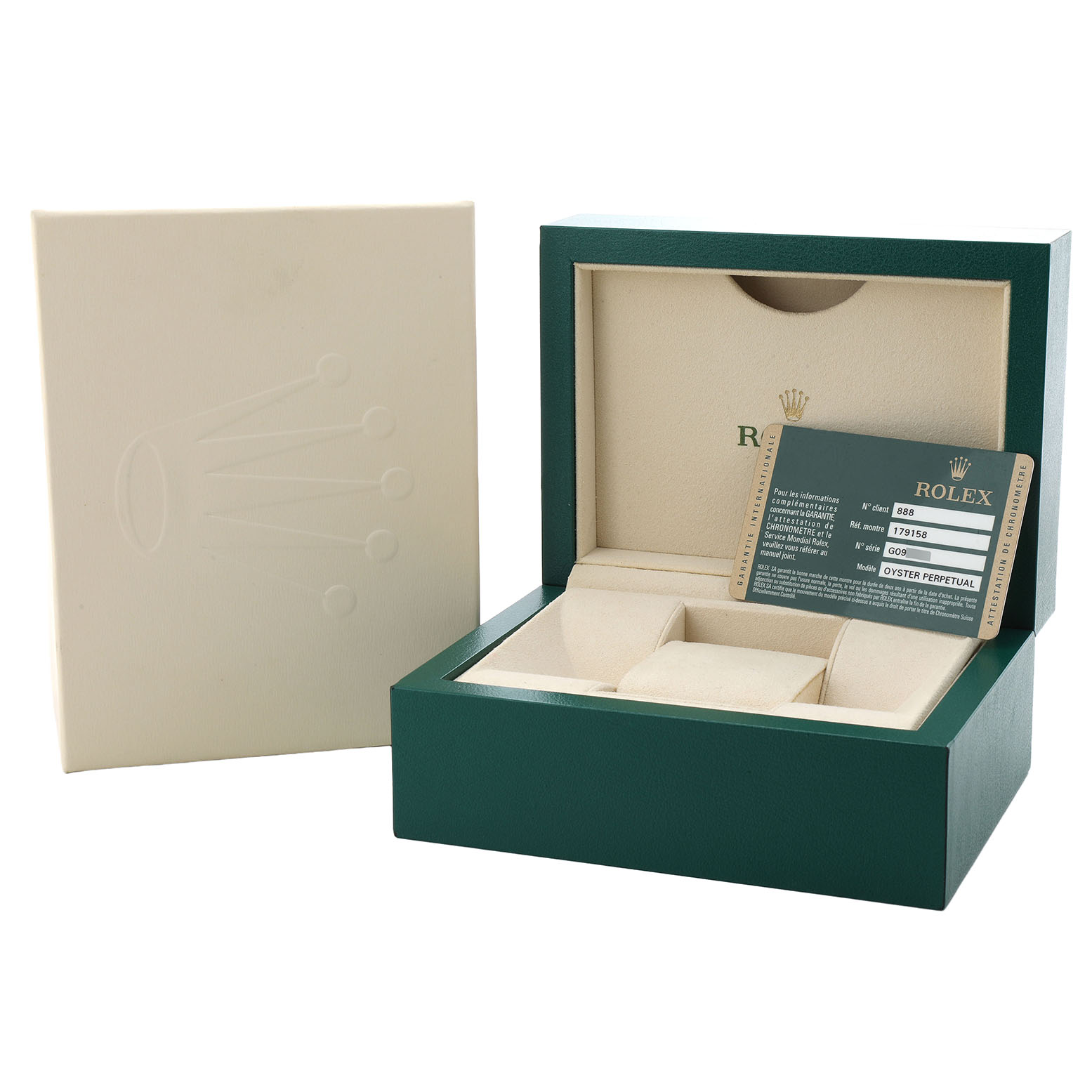 The image shows a Rolex President 179158 Women's Yellow Gold Champagne Dial model box with a beige interior, warranty card, and outer sleeve.