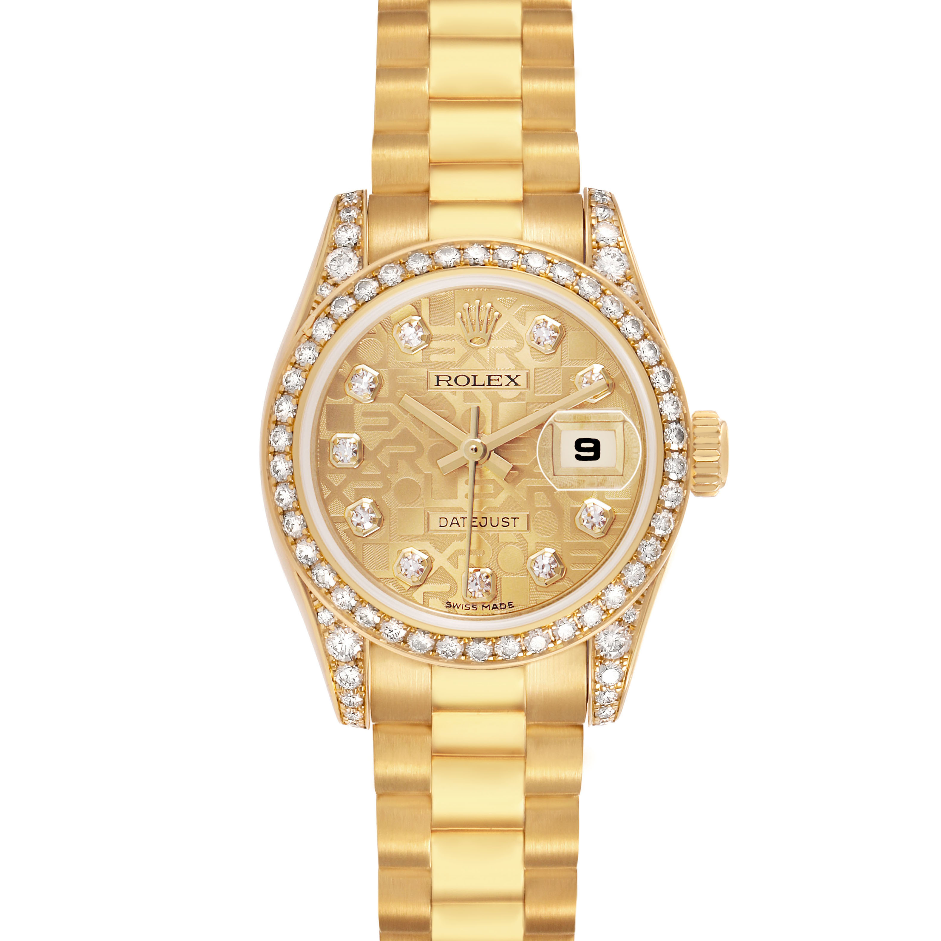 The Rolex President 179158 Women's Yellow Gold Champagne Dial model is shown from a front angle, highlighting its gold bracelet, diamond bezel, and dial with date display.