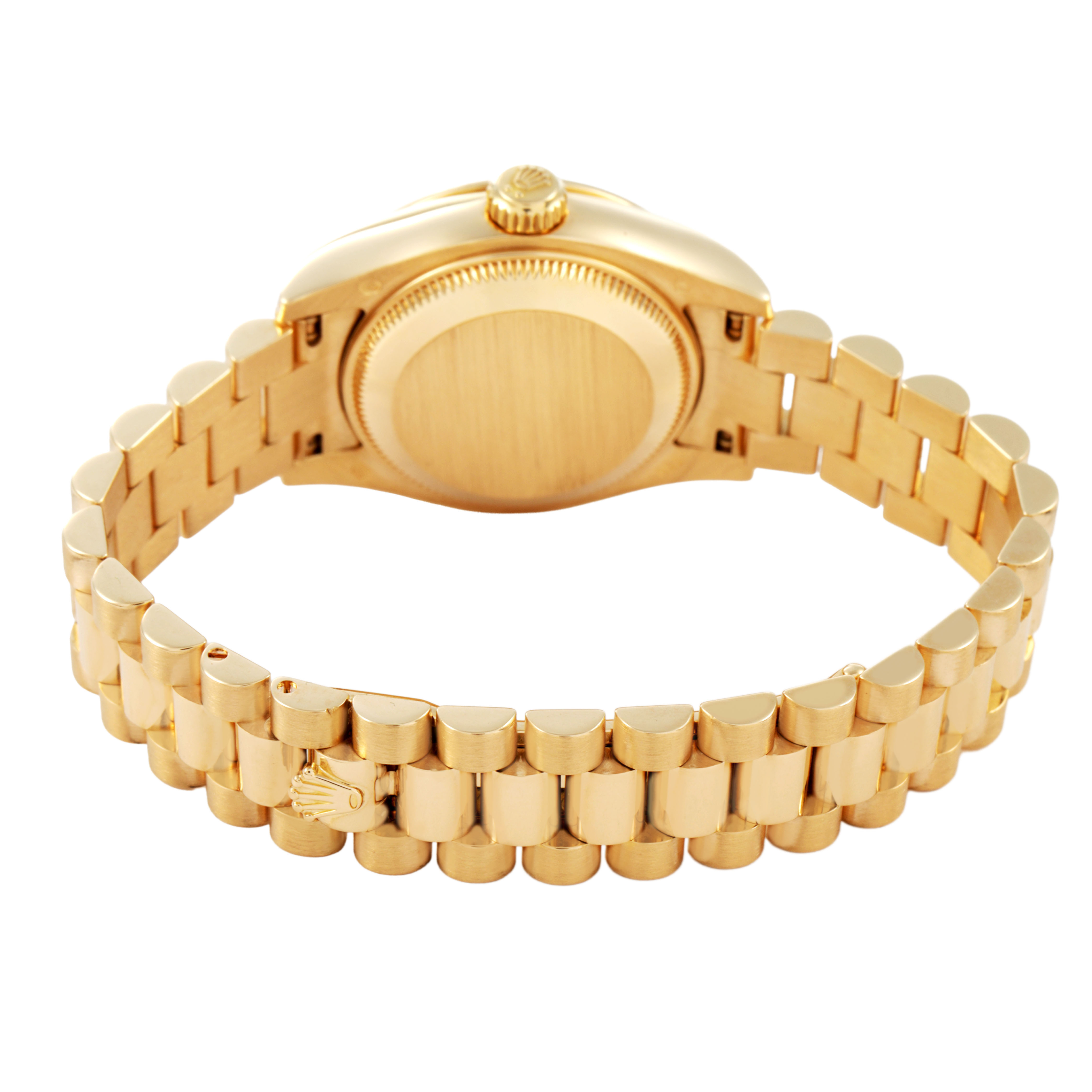 The image shows the back view of a Rolex President 179158 Women's Yellow Gold Champagne Dial watch, highlighting its gold case back, bracelet, and crown.