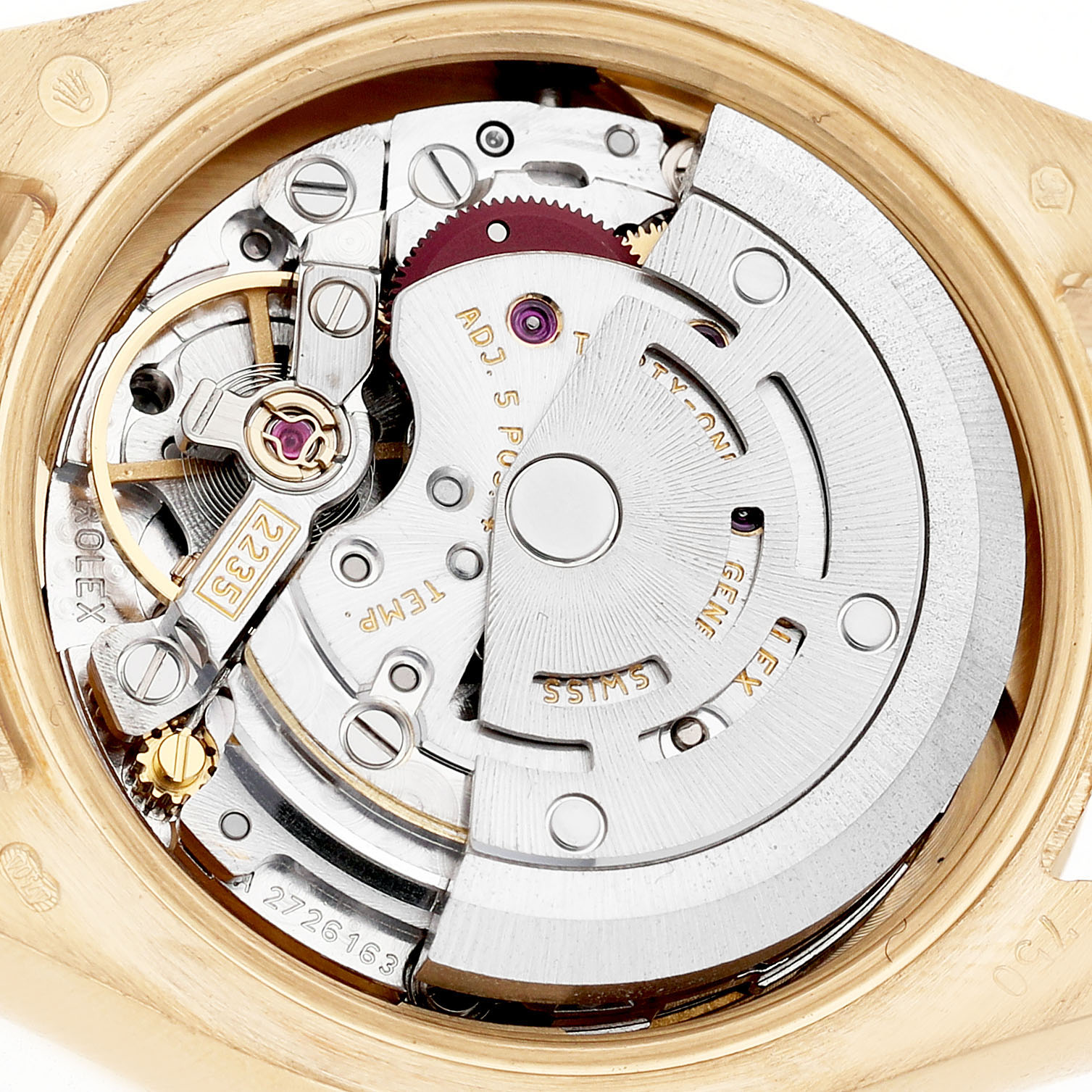 The image shows the movement mechanism of a Rolex President 179158 Women's Yellow Gold Champagne Dial watch from the back, highlighting gears and intricate components.