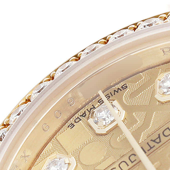 The image shows a close-up of the Rolex President 179158 Women's Yellow Gold Champagne Dial watch's dial and bezel, highlighting diamond hour markers and details.