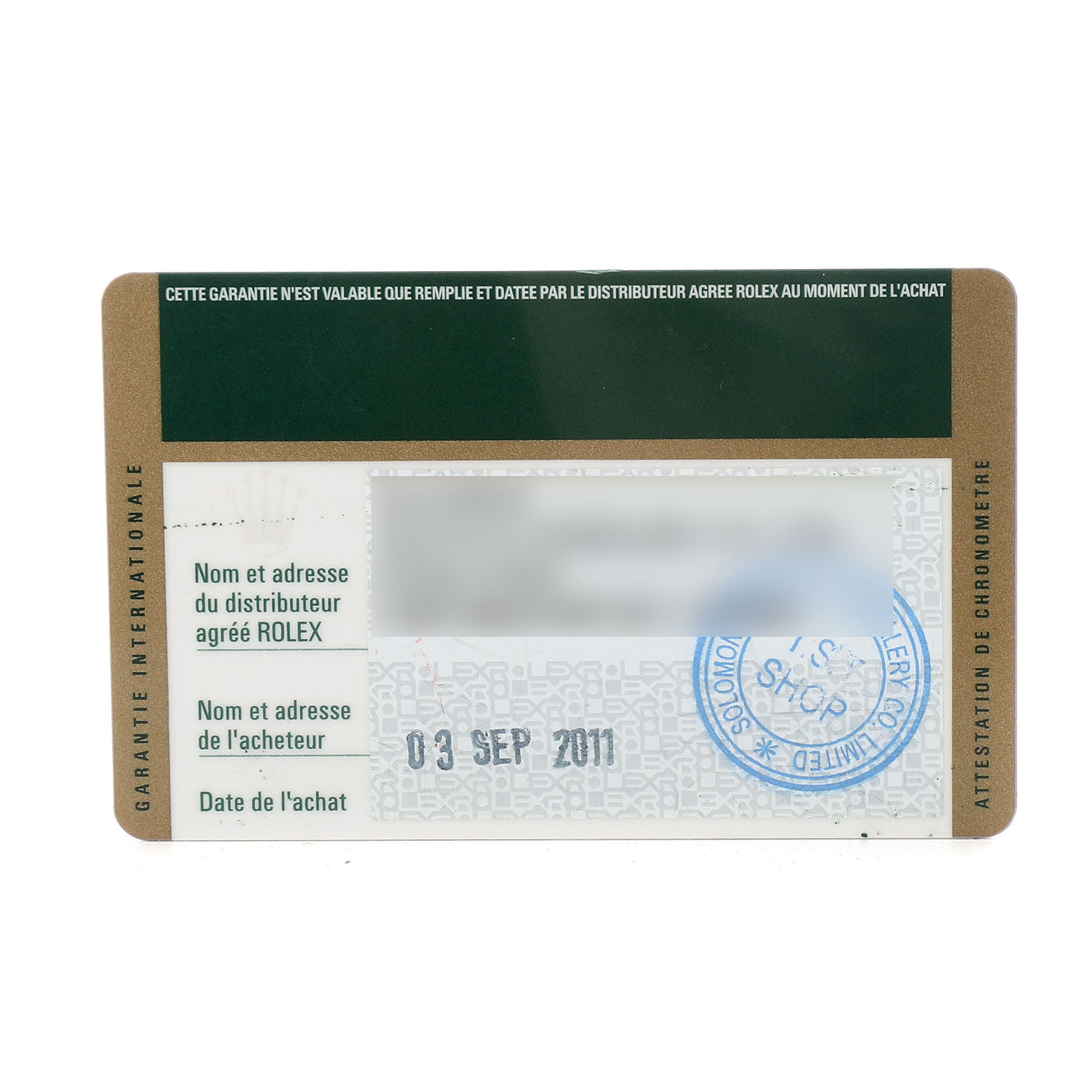 This is a warranty card for a Rolex President 179158 Women's Yellow Gold Champagne Dial model, showing purchase and distributor details.