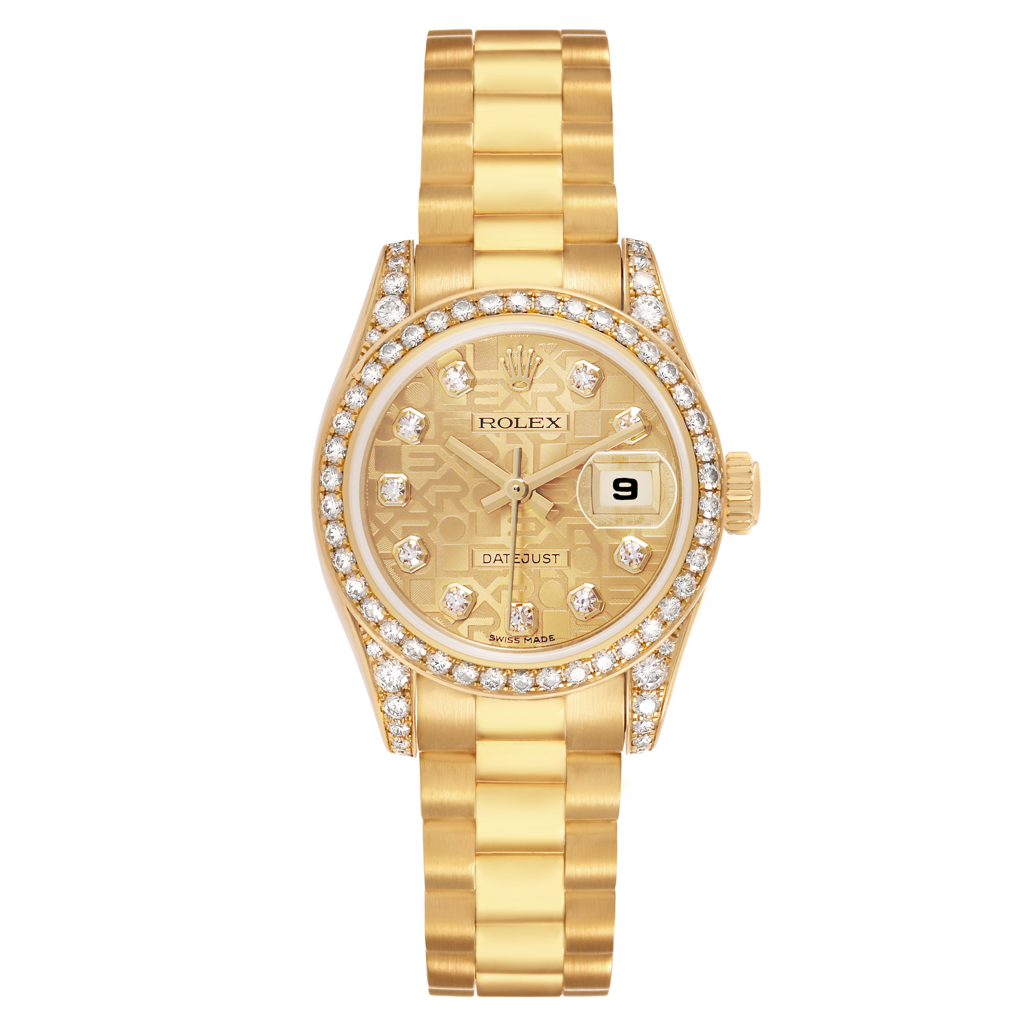 The Rolex President 179158 Women's Yellow Gold Champagne Dial watch is shown from the front, highlighting its gold finish, diamond-set bezel, and bracelet.