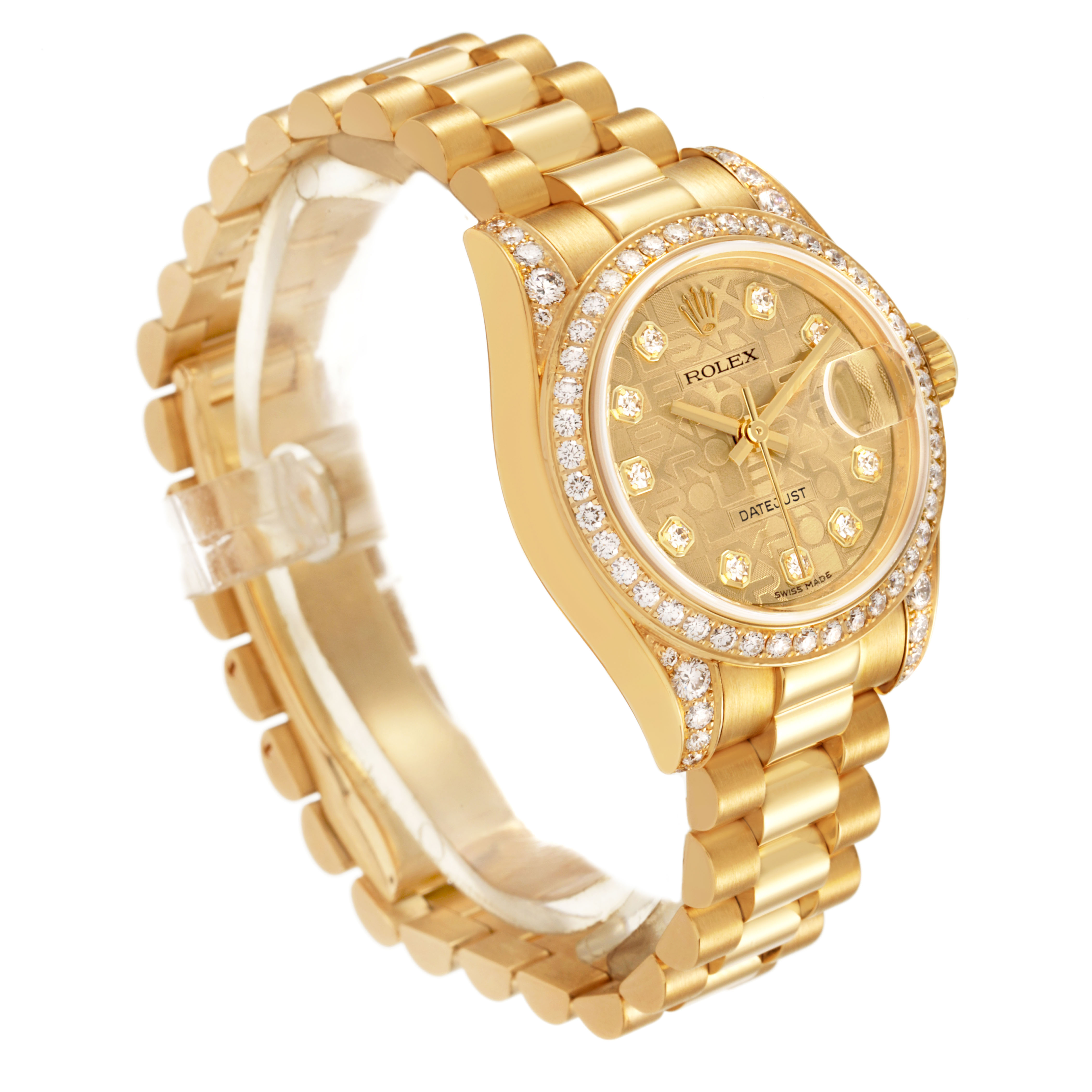 The image shows a side angle of a Rolex President 179158 Women's Yellow Gold Champagne Dial watch, highlighting the bezel, dial, and bracelet.