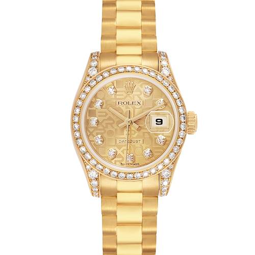 The Rolex President 179158 Women's Yellow Gold Champagne Dial watch is shown from a front view, highlighting the dial, bracelet, and bezel.