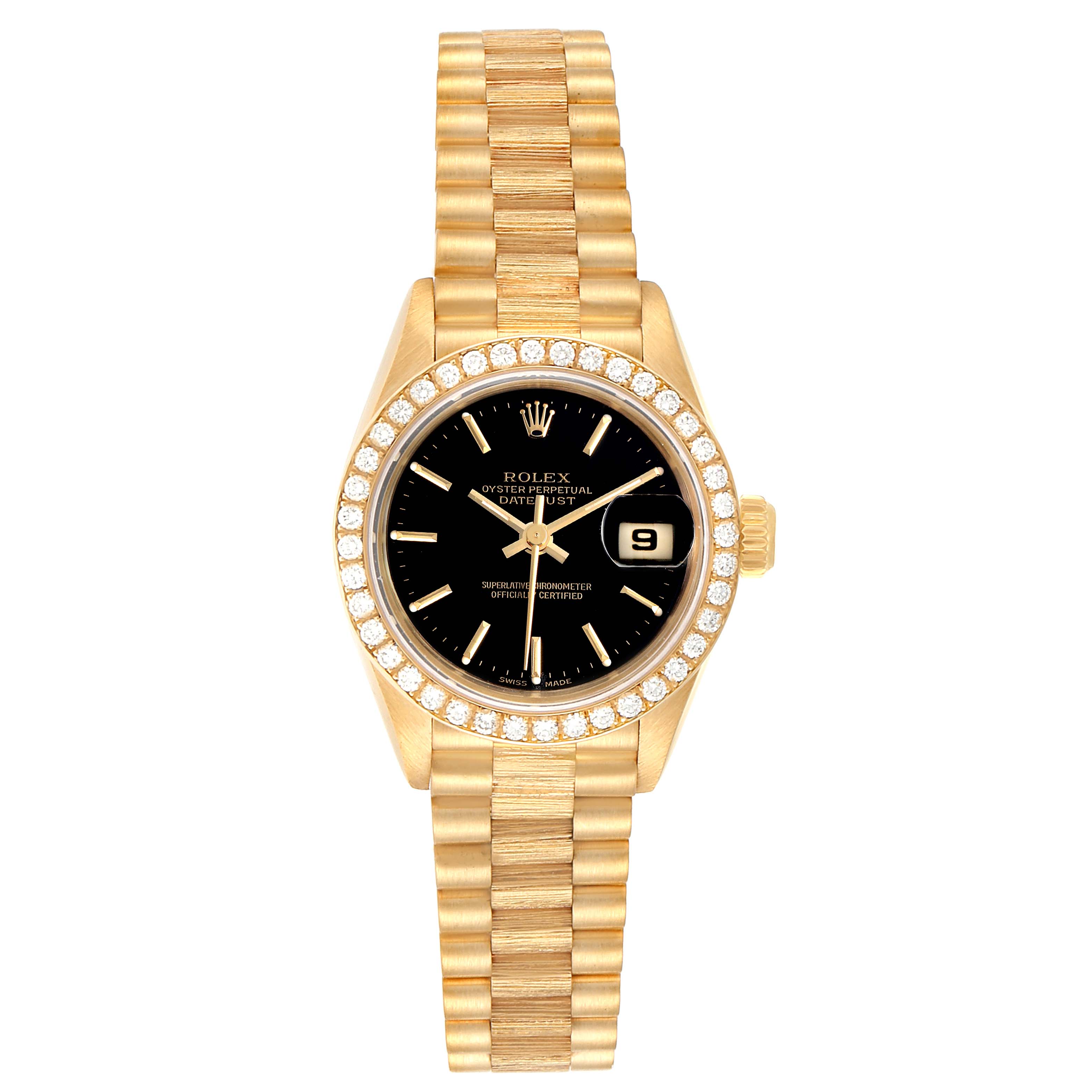 The image shows a President model Rolex watch viewed from the front, highlighting its bracelet, bezel, dial, hands, and date window.