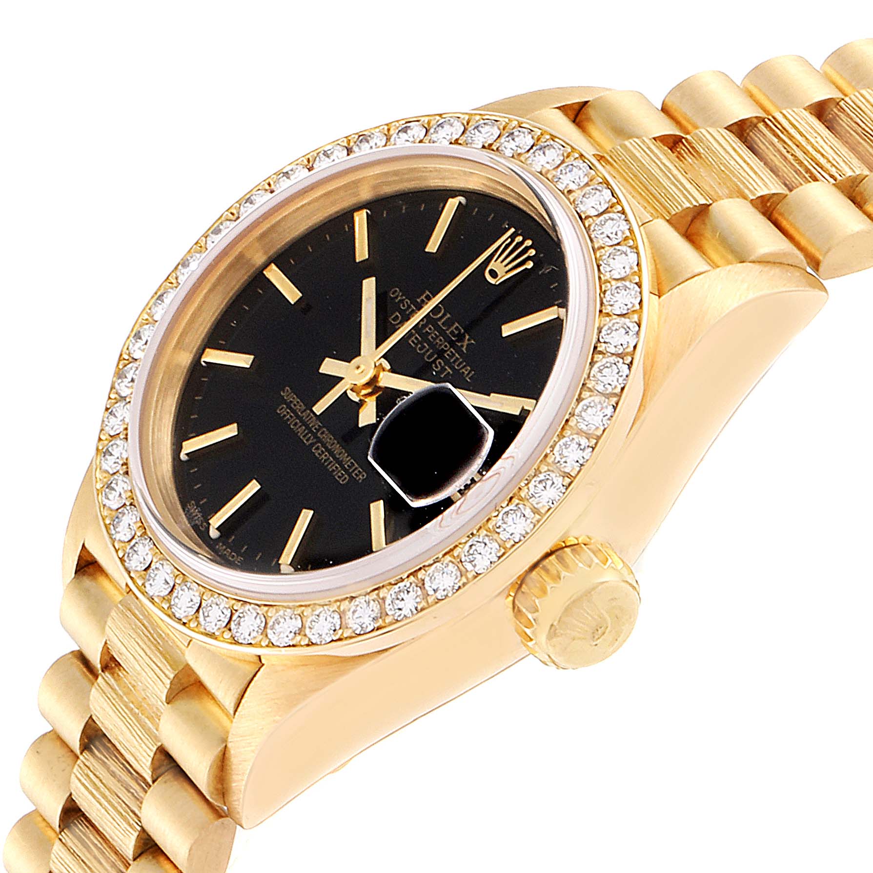 This Rolex President 69288 Men
s Yellow Gold Black Dial 69288 Men
s Yellow Gold Black Dial model watch is shown from a tilted side angle, highlighting the bezel, crown, dial, and part of the bracelet.