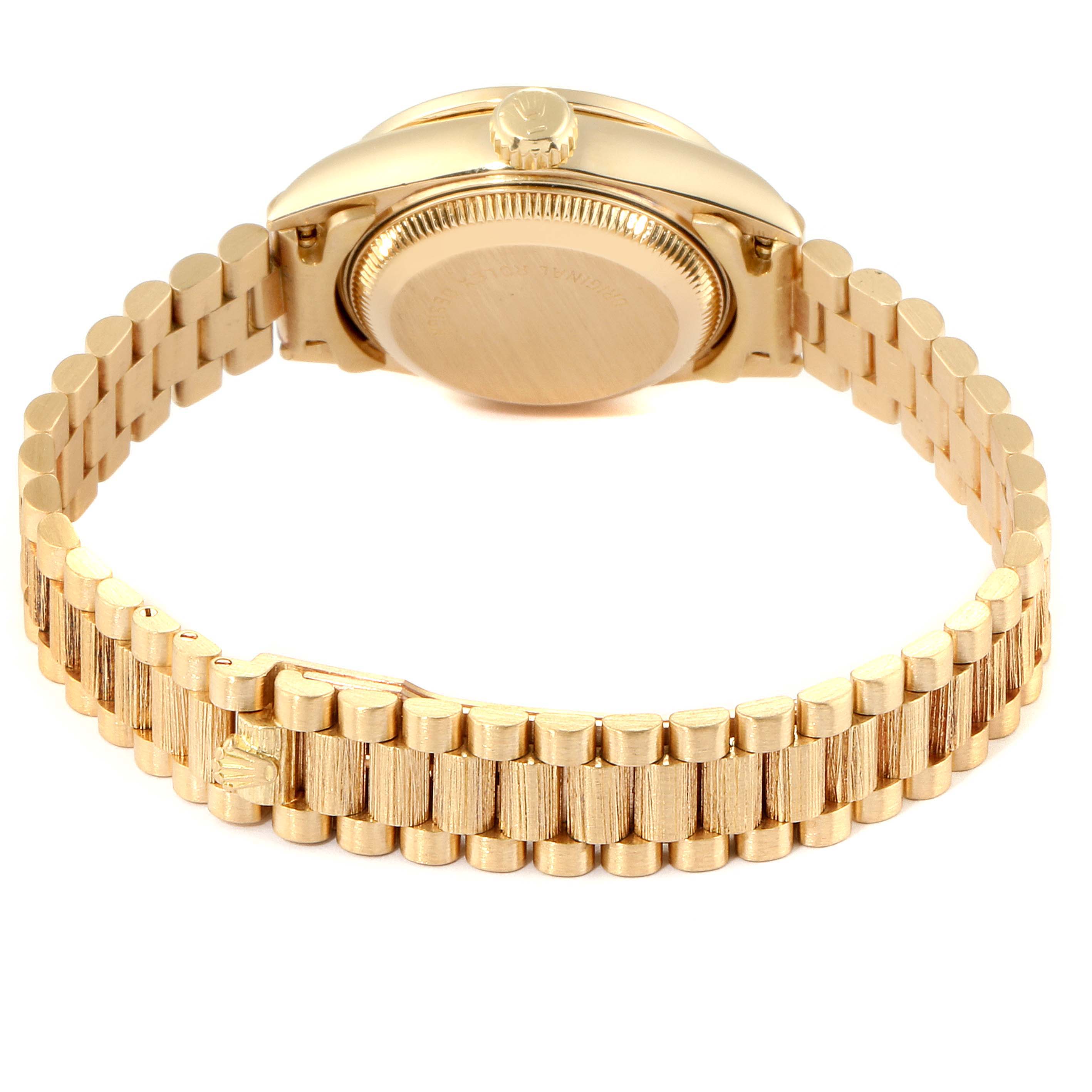 The image shows the back and the bracelet of a Rolex President 69288 Men
s Yellow Gold Black Dial 69288 Men
s Yellow Gold Black Dial model watch, highlighting its gold finish.