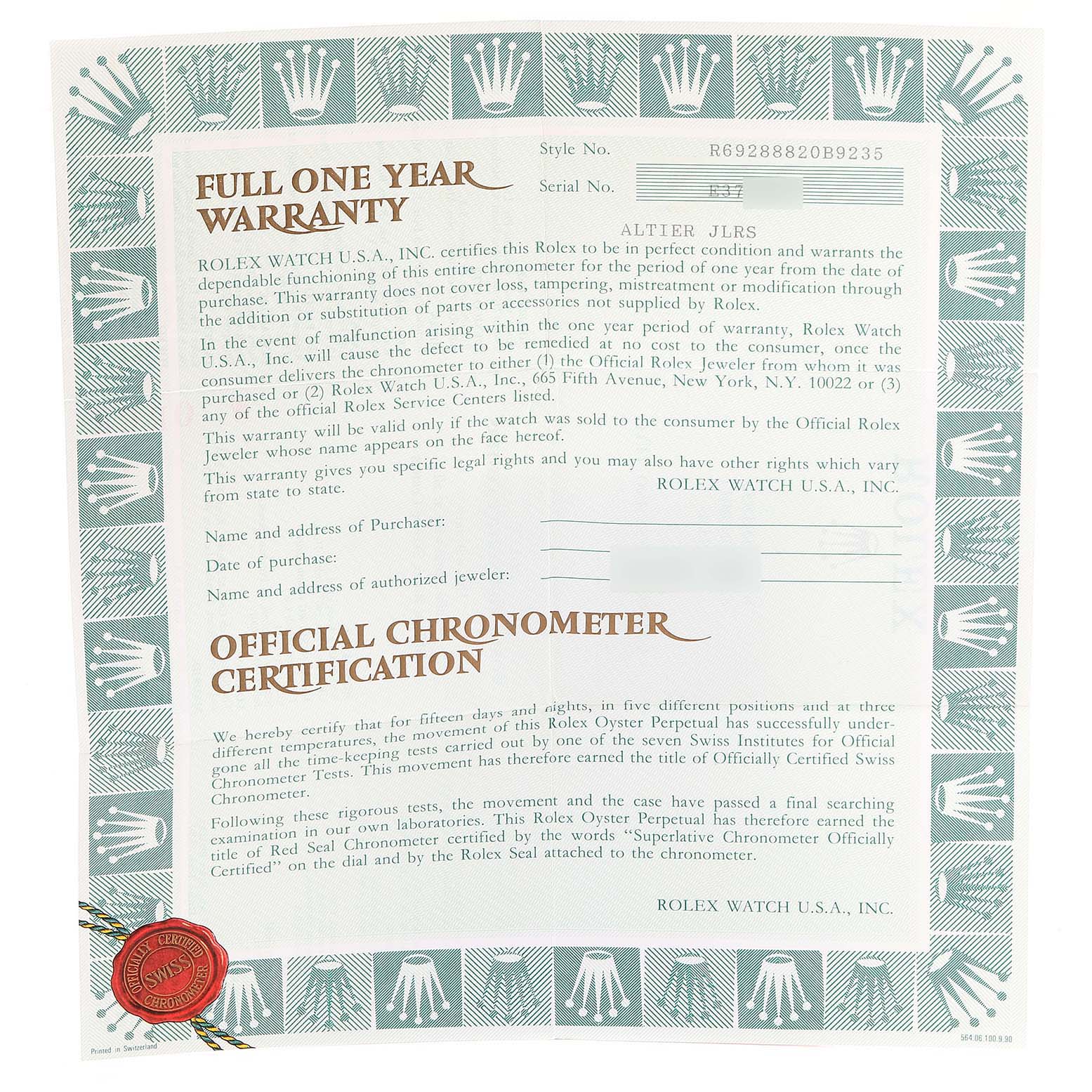 The image shows the warranty and certification paperwork for the Rolex President 69288 Men
s Yellow Gold Black Dial 69288 Men
s Yellow Gold Black Dial model watch.