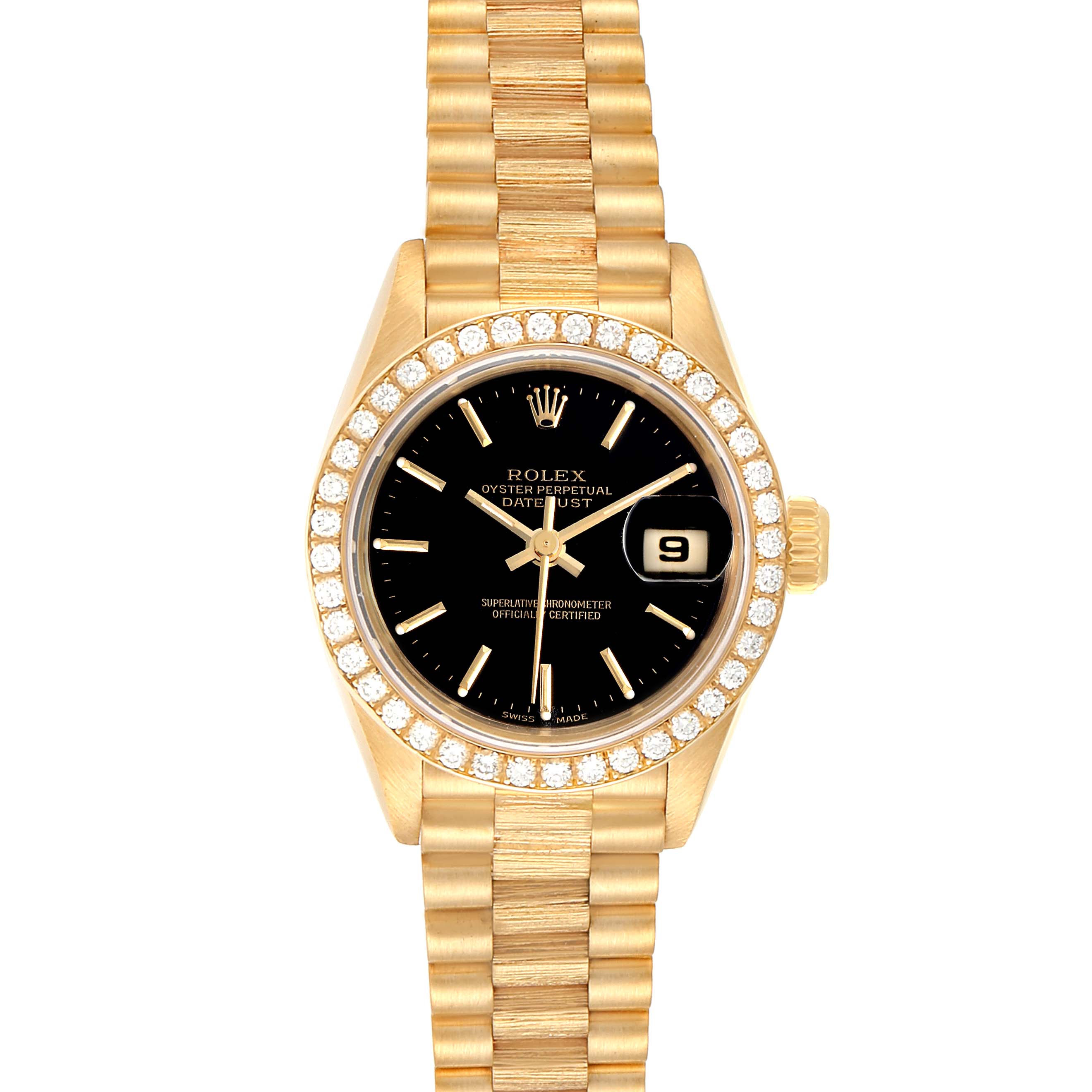 This is a Rolex President 69288 Men
s Yellow Gold Black Dial 69288 Men
s Yellow Gold Black Dial model watch showing the front view with a diamond bezel, black dial, and gold bracelet.
