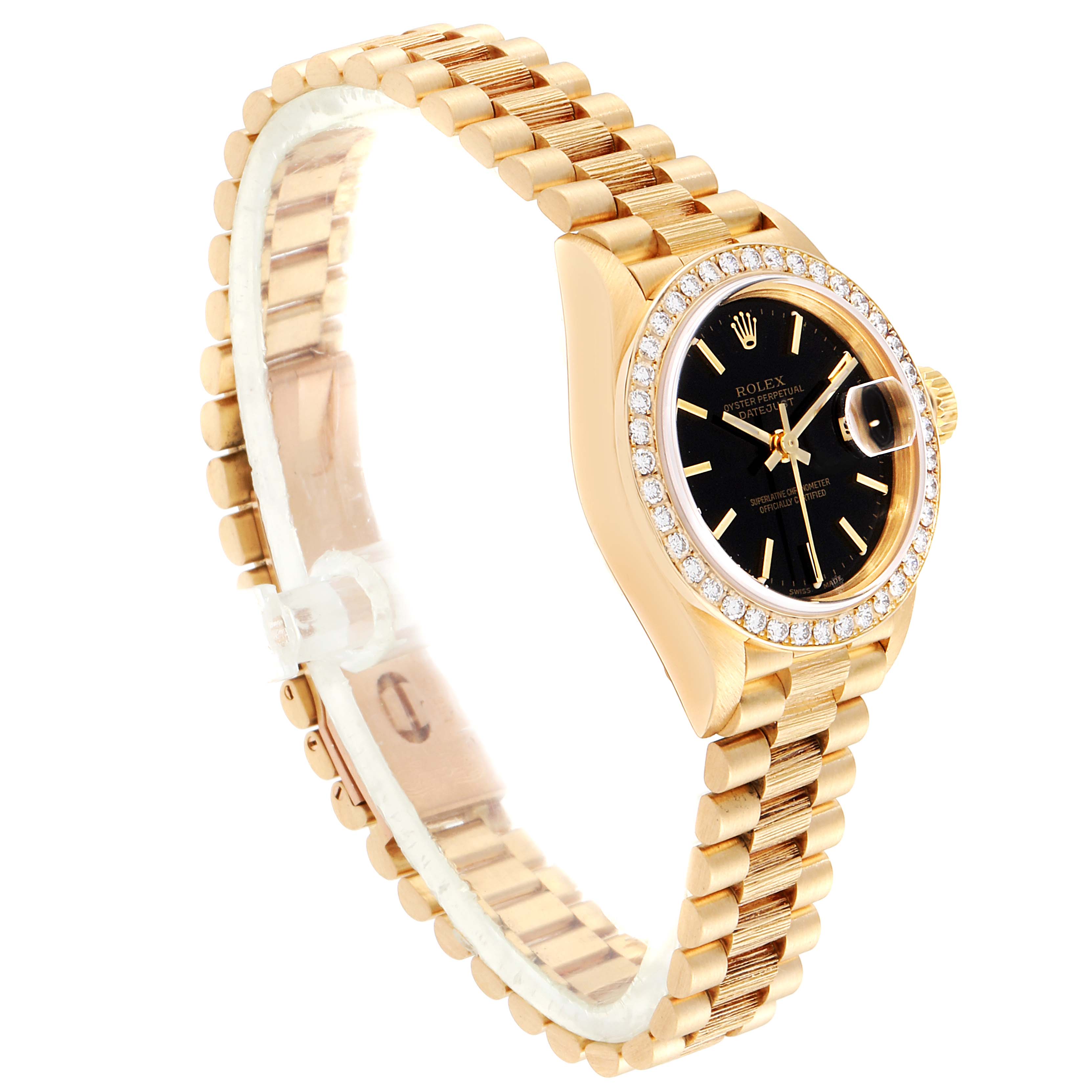 This image shows a Rolex President 69288 Men
s Yellow Gold Black Dial 69288 Men
s Yellow Gold Black Dial model watch at an angled view, highlighting its gold bracelet, black dial, and diamond-encrusted bezel.