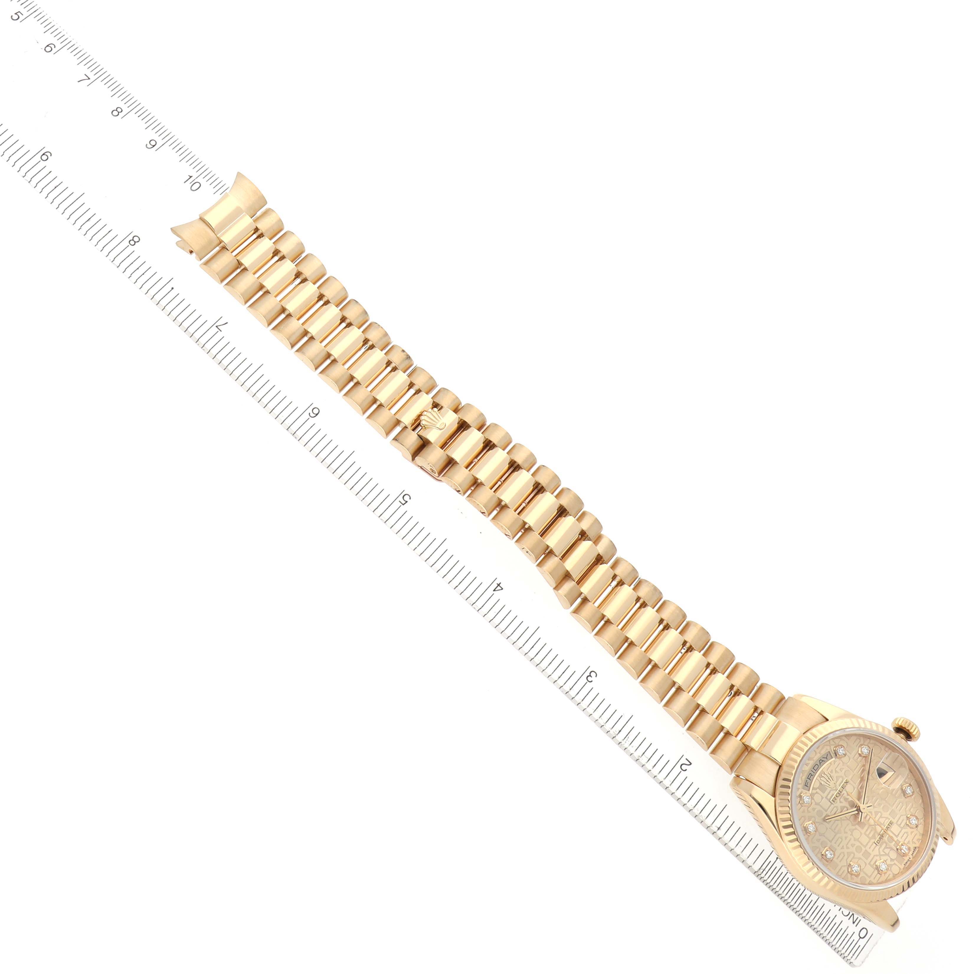 The Rolex President 118238 Men
s Yellow Gold Champagne Dial model watch is shown diagonally, highlighting the face, bracelet, and part of the side.