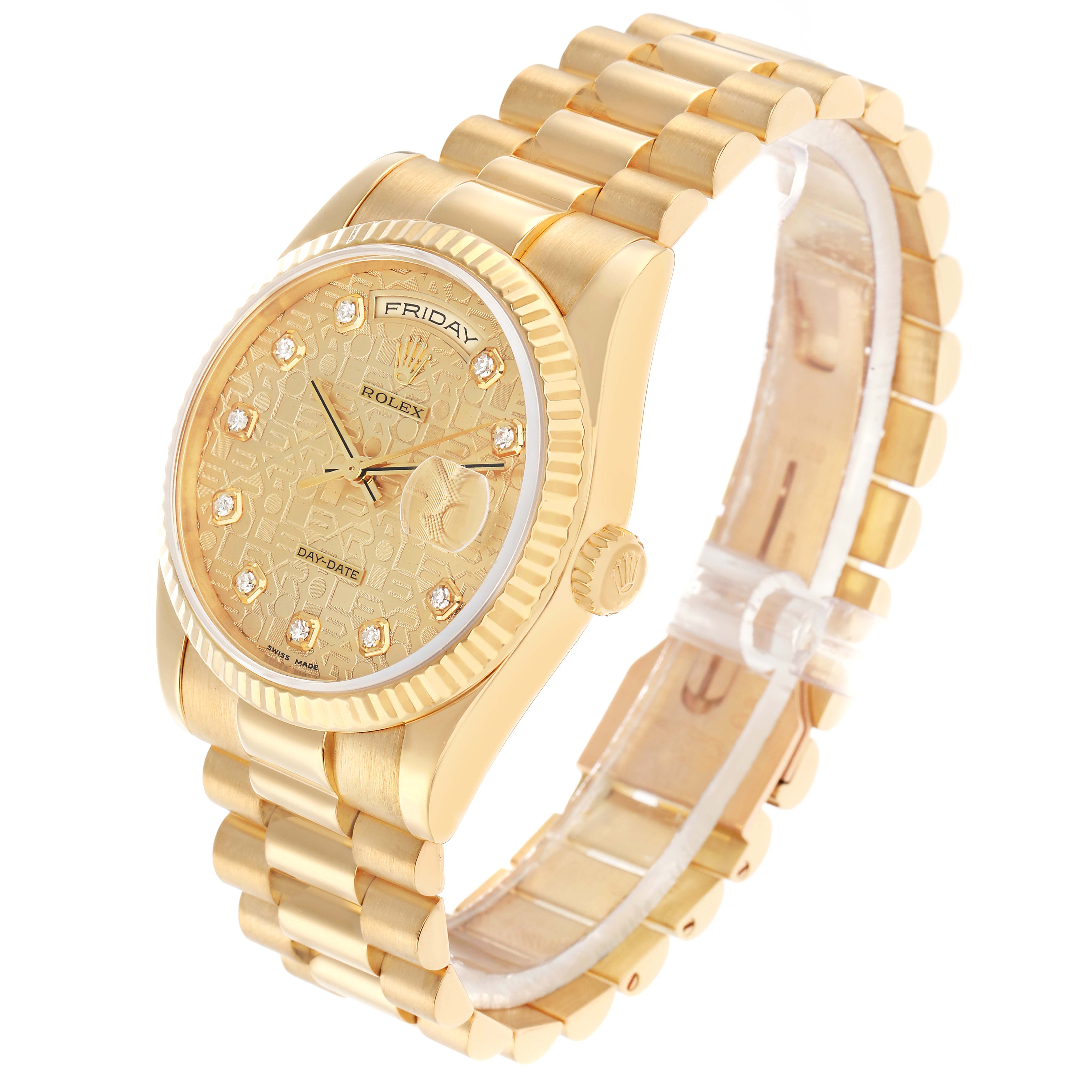 The Rolex President 118238 Men
s Yellow Gold Champagne Dial model watch is shown at a three-quarter angle, highlighting the gold case, fluted bezel, and bracelet.